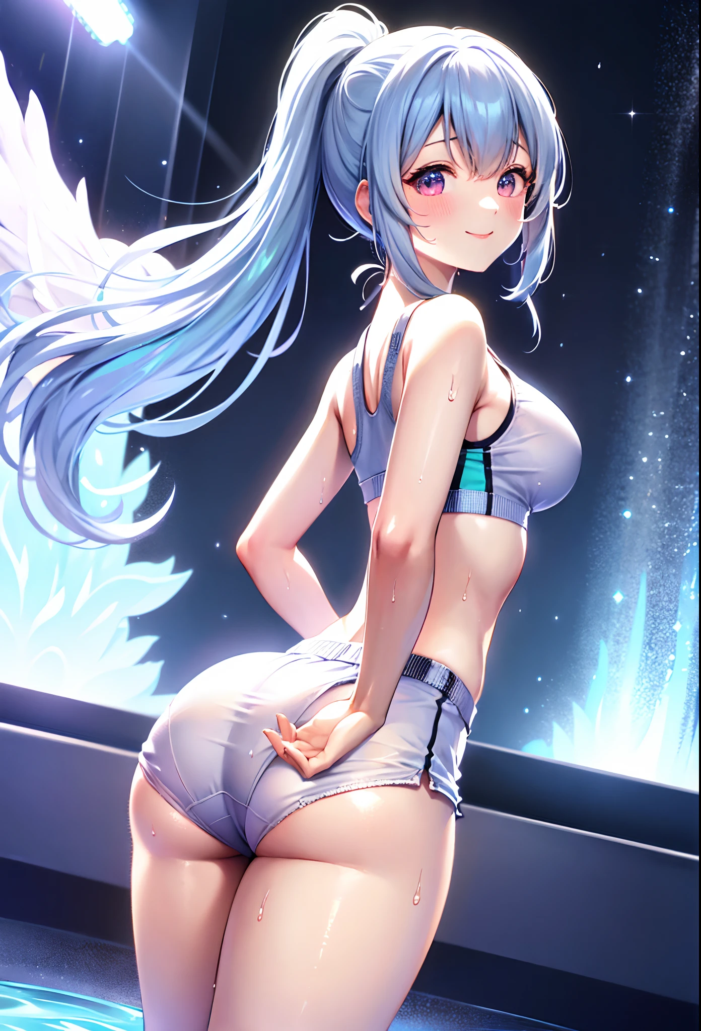 femele,Light blue long hair、Twin-tailed、adorable smiling、Glittery white sports bra and white glowing boxer shorts,,Wet with sweat,Look back,(((Satin Narico)))
