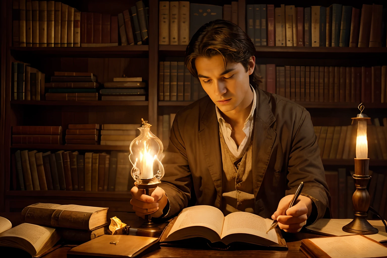 Illustrate the young philosopher Marcus by reading ANCIENT SCROLLS or arguing with OLDER SAGES. - Use facial expressions to show your burning desire to learn and understand the Stoic teachings. - Add bookshelves and oil lamps to create a study atmosphere.