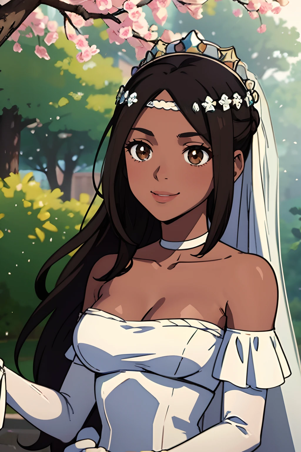 timerra, 1girl hair between eyes, ahoge, brown eyes,black hair, star \(symbol\), hair ornament, dress, cleavage, bare shoulders, collarbone, long white elbow gloves, white gloves, white dress, white choker, strapless, tiara, veil, strapless dress, wedding dress, bridal veil, beautiful woman, perfect body, perfect breasts, wearing a wedding dress, ball gown, in the park trees, wedding decorations, a in love smile, realism, masterpiece, textured skin, super detail, high detail, high quality, best quality, 1080p, 16k