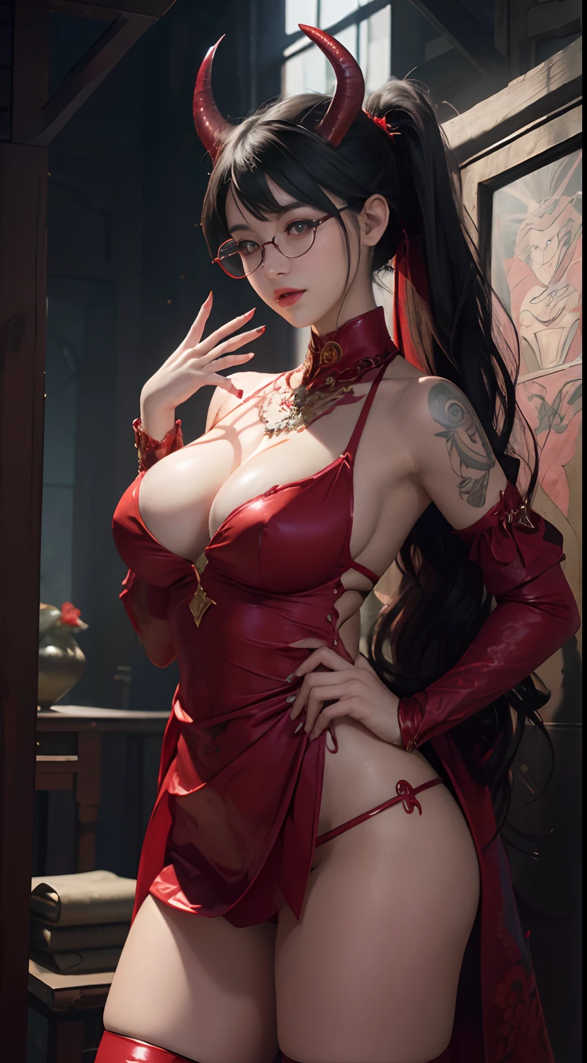 Fine、(The best illustrations)、8k UHD resolution、intricate-detail、top-quality、realisitic、ultra-detailliert、The best lighting、Best Shadows、Soft lighting、Ulutra HD、Ultra-realistic、Tindall Effect、Photorealsitic、(High Detail Skins:1.2)、 (Intricate details, makeup, pureerosface_v1:0.5), (Detailed beautiful delicate face, Detailed beautiful delicate eyes, A perfectly proportioned face, High detailed skin, Detailed skin, best ratio four finger and one thumb, arms below breasts, Tattoo with a red glow under the stomach、Awesome awesome, wide hips, smooth midriff, skiny and thin, __Fashion__, __hair__:1.25)、Digital SLR、 absurderes、1 beautiful devil woman from hell, surreal female portraits by David Hockney and Alphonse Mucha, Portrait of a seductive woman、Fantasy Art, Chinese Doll、Chinese actress、Dungeon、The dragon、Devil's Palace、Devil's Torture Chamber、natta、Dark style 、In the Dark、(Detailed spooky backgrounds:0.8), magia、 1人、Evil Nun、Dark Necromancer、Succubus、Devil's Daughter、Umi Shinonome、Bat Wings,(((Demon Horns)))、 ((((Huge glasses, Otaku Glasses, thick glasses, Round glasses)))),(((Colossal tits)))、(Devil's Tail)、(red eyes glowing:1.6)、red eyes make up very sharp and detailed, The eyes are very well made up, ((Red Eye:1.0)),intricate tattoos, demonic intricate tattoos, thigh tattoos, body tattoos, masterpiece、The most beautiful face、a baby face、Charming smile、plump beautiful red lips、Muscular seductive body、The enchanting body of the devil、devil style、Seductive Black Magic Costume、(((A shiny red snake is wrapped around her body)))、Longhaire、Braids、Black hair、Ponytail distortion、, Ponytail with a bow tied at the back of the hair, Beautiful expression、Body Up、Large breasts emphasis、Bust, Super tight breasts, Breast augmentation surgery, The breasts are very big and round and round,Toned waist、Wide buttocks、 lowkey, cowboy lens, (red phoenix dress: 1.0), devil crown, Red sparkling gemstone necklace、Jewelry Gwise, wearing black mesh socks,wearing a thin red and black