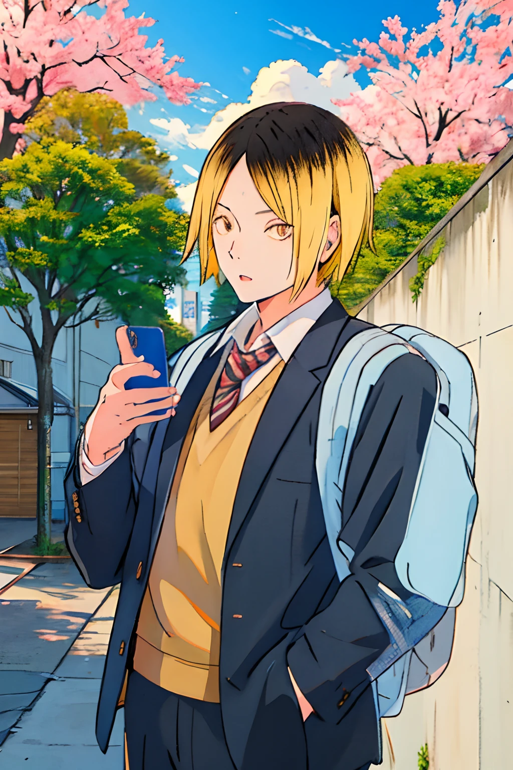 1boy, (Masterpiece, Top Quality, Best Quality), upper-body, blonde hair, black hair, multi-colored hair, forehead, school uniform, sweater vest, blue jacket, backpack, holding smartphone, 独奏, exterior, Park, Walking, blue skies, sakura trees, male focus, 8K, Negative_Hand-Neg