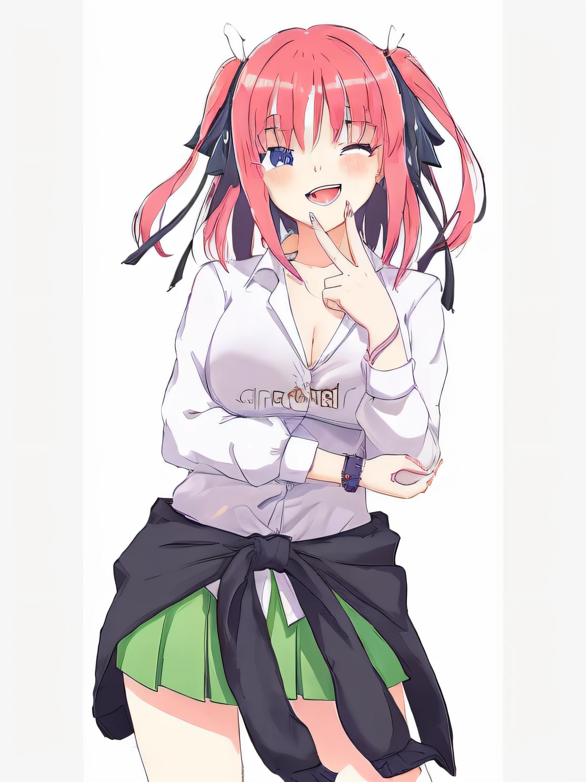 Menina anime com cabelo rosa e camisa azul segurando um telefone celular, anime girl drinks energy drink, haruno sakura, ilustre makinami, Marin Kitagawa Fanart, Koyoharu Gotouge, Gapmoe Yander, humanoid pink female squid girl, com o dedo indicador, Sakura Haruno no modo Slug Sage, ;boca aberta