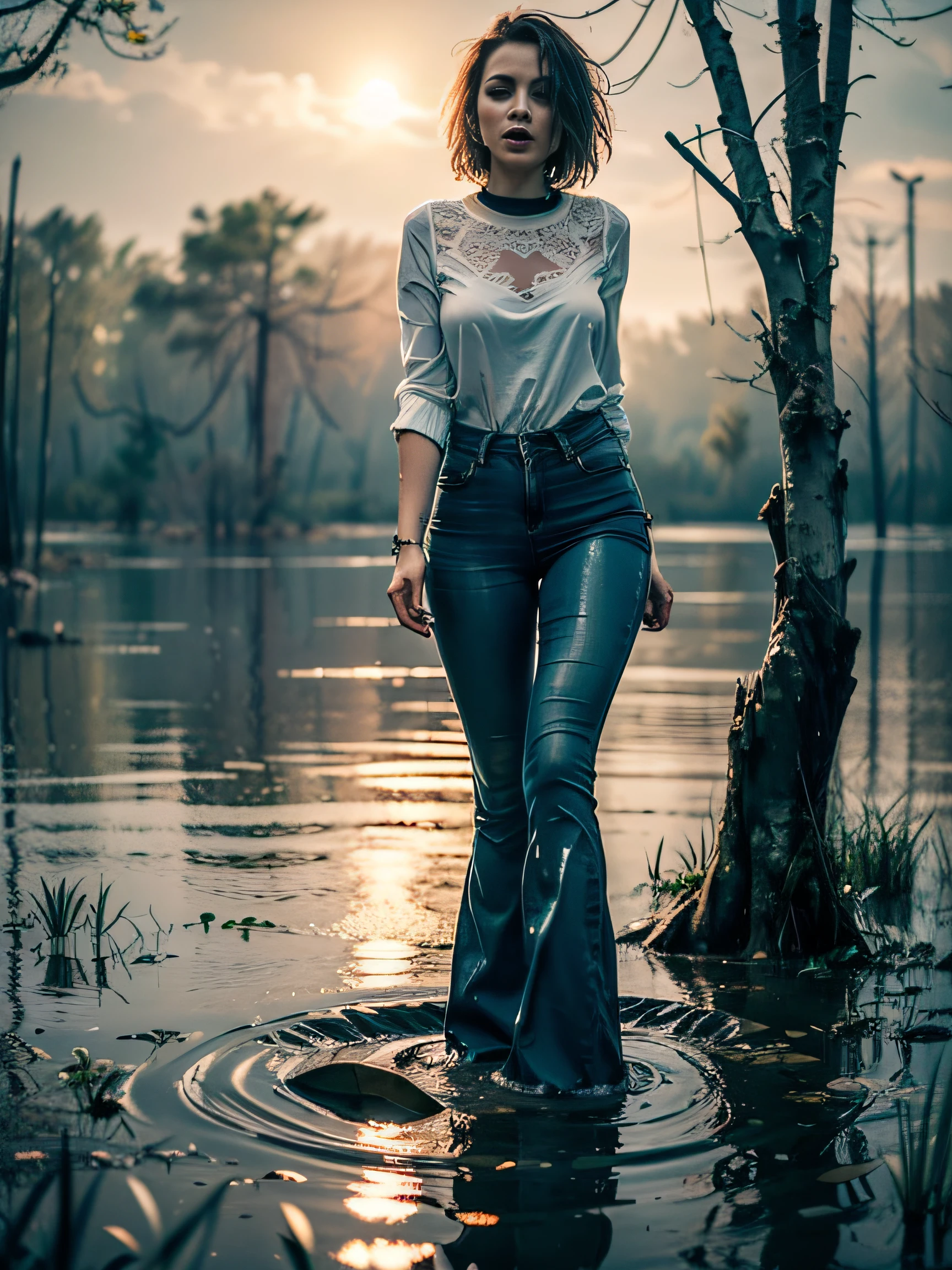 (Wide flares on jeans:1.2), (wet clothing), (Best Quality,hight resolution,bokeh:1.2),The woman,Pronounced wrinkles,Bob haircut,Detailed eyes and face,Gloomy blouse,expression of despair,dramatic lighting,Imminent Doom,ominous vibe,desperation,(Drowning in a swamp below the knee:1.4),(standingn:1.2),(gloomy ecstasy:1.1), Posing,