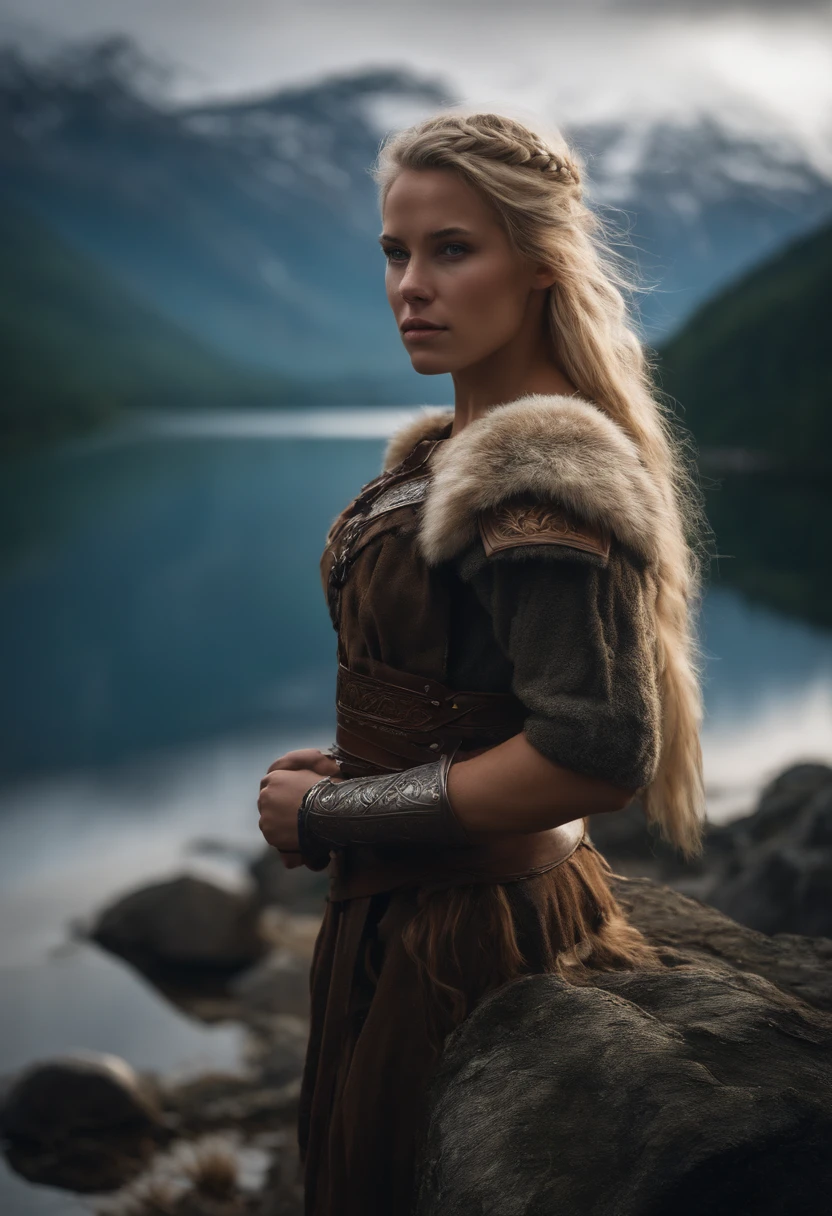 Woman, One, Portrait, 18 Years old, Scandinavian, Muscular, Naked, Viking costume, Armor, , Blonde hair, Messy hair, Medium hair, Braided hair, Fluffy hair, Long hair, Dark light skin, Forest, Lake, Mountains, Snow, Realism