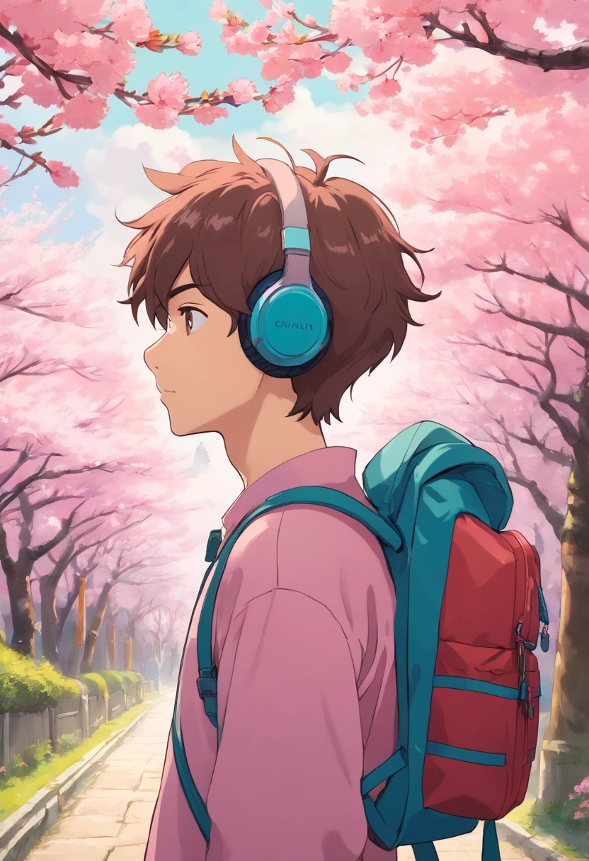 a young man wearing anime headphones and backpack, travel clothes, in the style of tranquil cherry blossoms of Kyoto, colorful animation stills, masami teraoka, pink, paul gauguin, Embry style, honest portrayal