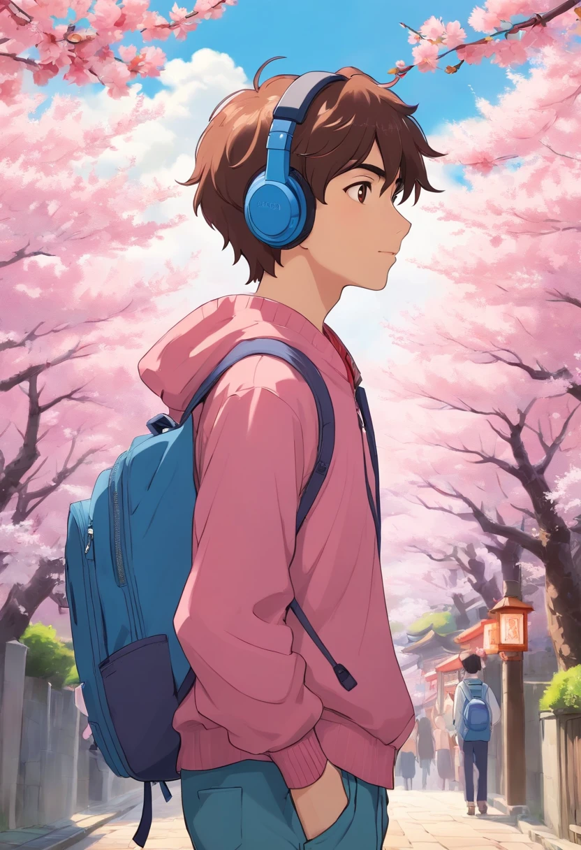a young man wearing anime headphones and backpack, travel clothes, in the style of tranquil cherry blossoms of Kyoto, colorful animation stills, masami teraoka, pink, paul gauguin, Embry style, honest portrayal