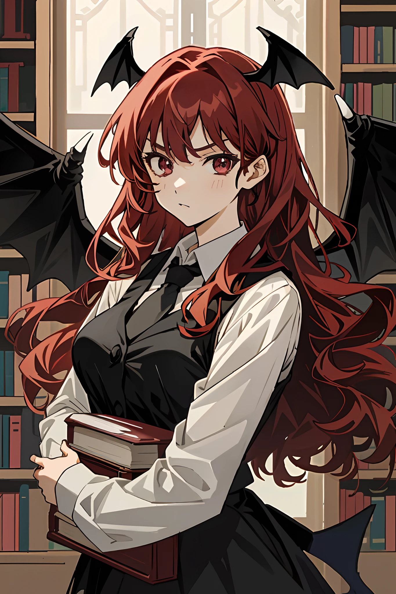 koakuma, solo, looking at viewer, serious, holding book, bookshelf, large breasts, upper body, detailed face, detailed eyes, detailed hair