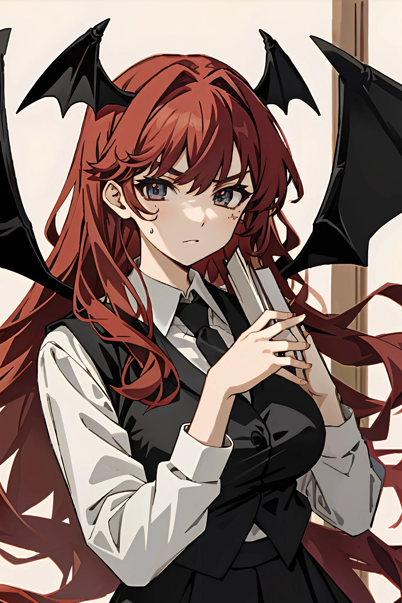 koakuma, solo, looking at viewer, serious, holding book, bookshelf, large breasts, upper body, detailed face, detailed eyes, detailed hair