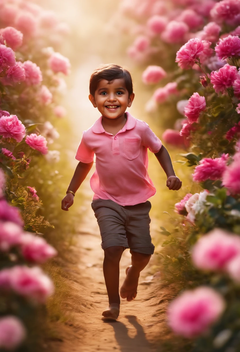 A indian kid joyfully running towards the camera, well detailed face, in between the flowers, with cinematic light. The scene is filled with pink colored flowers. The kid's face is detailed, with beautiful eyes, nose, and lips. The flowers are in full bloom, with delicate petals and vibrant colors. The medium used to create this artwork is a painting, with an ultra-detailed and photorealistic style. The image quality is of the highest standard, with best quality, 4k resolution, and vivid colors. The lighting in the scene is captivating, with soft and warm tones illuminating the kid and the flowers.