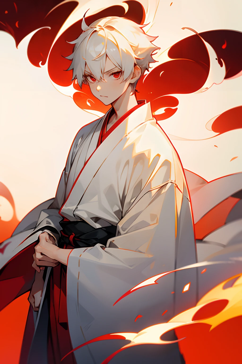 1boy, white and red kimono, short white hair, serious, red eyes, fire background, slim