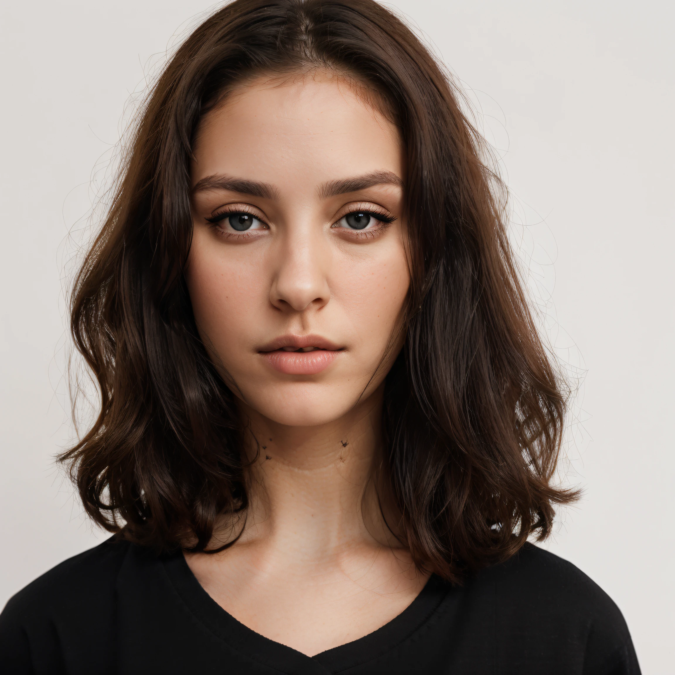 front view, looking at camera, RAW photo,((black shirt:1.2)), ((portrait)),beautiful brunette hair 30 years old woman, marron eyes, perfecteyes eyes, ((white background:1.2)), studio lighting, high quality, film grain, Fujifilm XT3, centralized