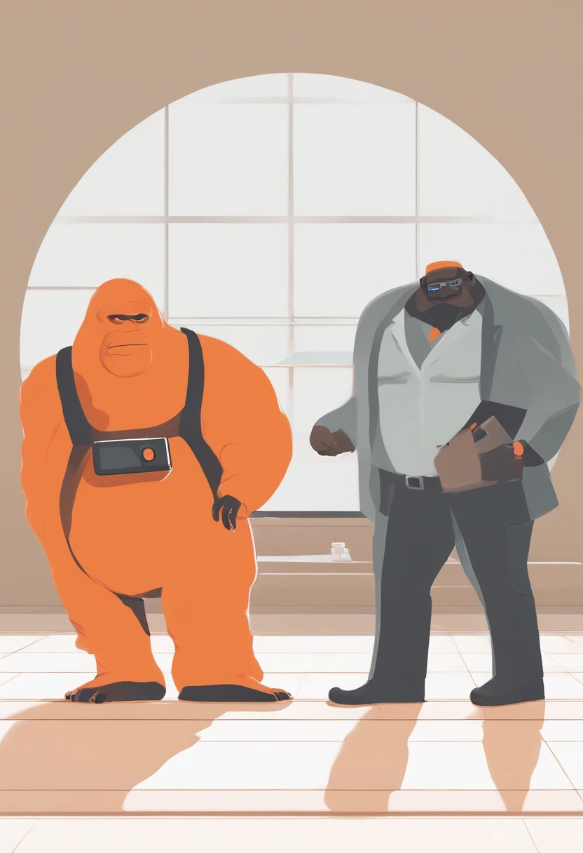 an orange bigfoot and a fat white man who is half robot, hosting a podcast together