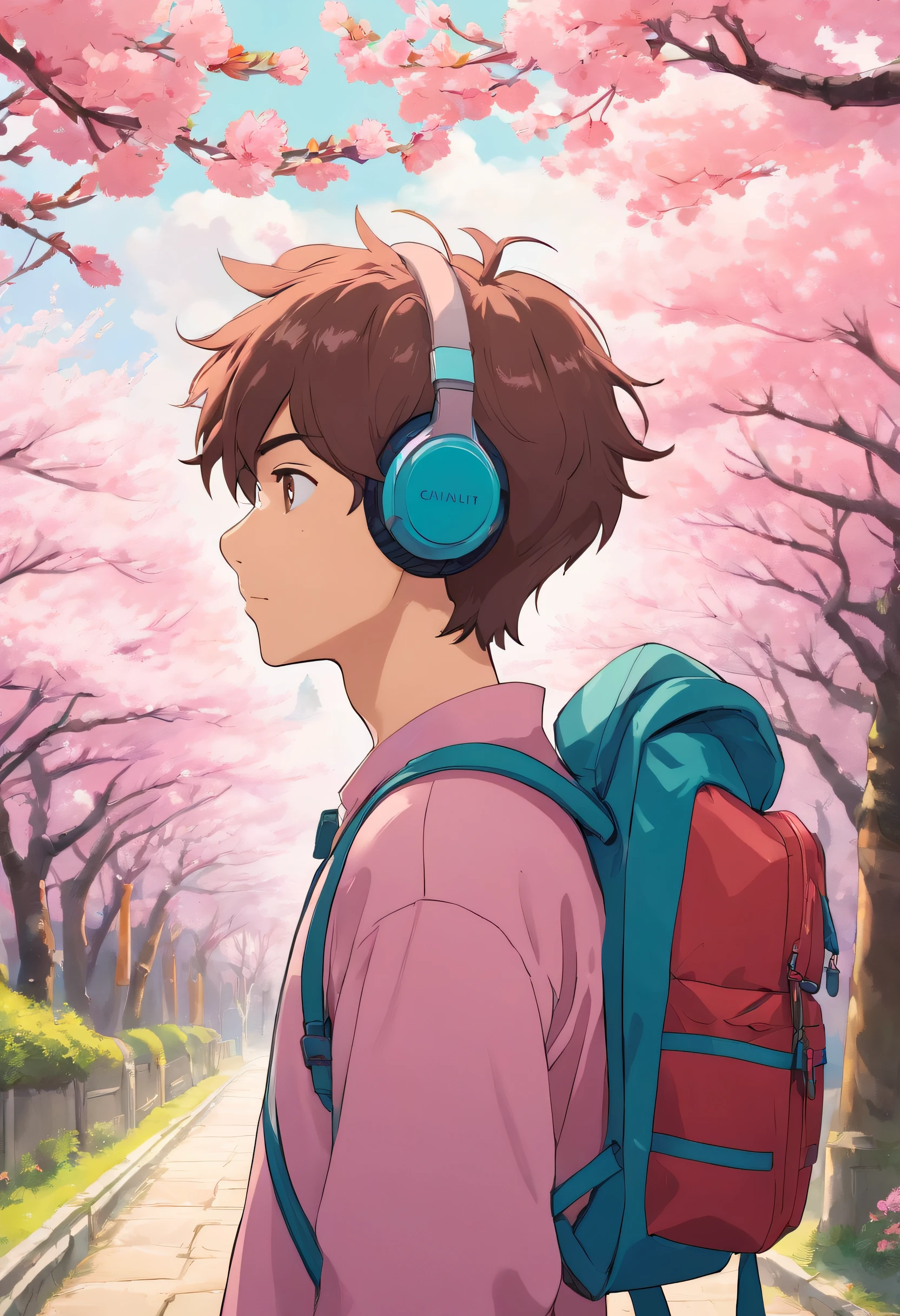 a young man wearing anime headphones and backpack, travel clothes, in the style of tranquil cherry blossoms of Kyoto, colorful animation stills, masami teraoka, pink, paul gauguin, Embry style, honest portrayal
