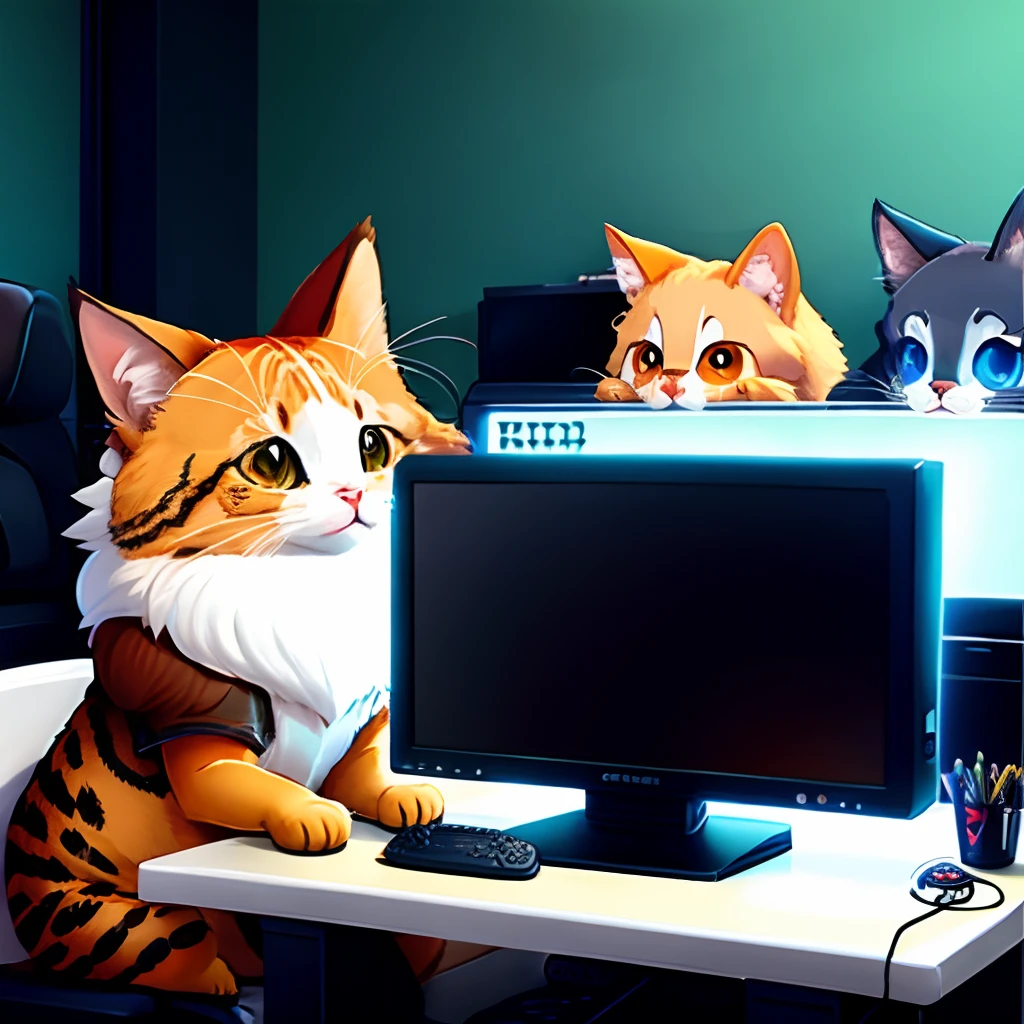 Group of Cute animals playing video games, cartoon style, anime Style