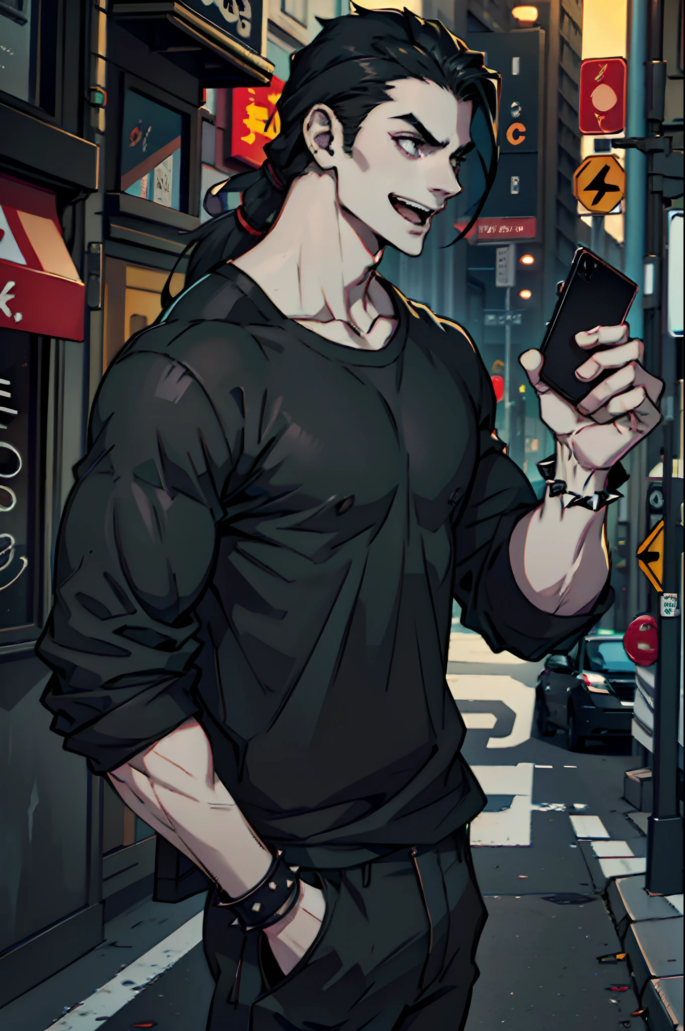 Goth Man, pale skin, long black hair with, black clothes, attractive face, black t-shirt, spiked bracelet, talking on a cell phone, open mouth talking, on a cell phone call, standing in the street, smiling