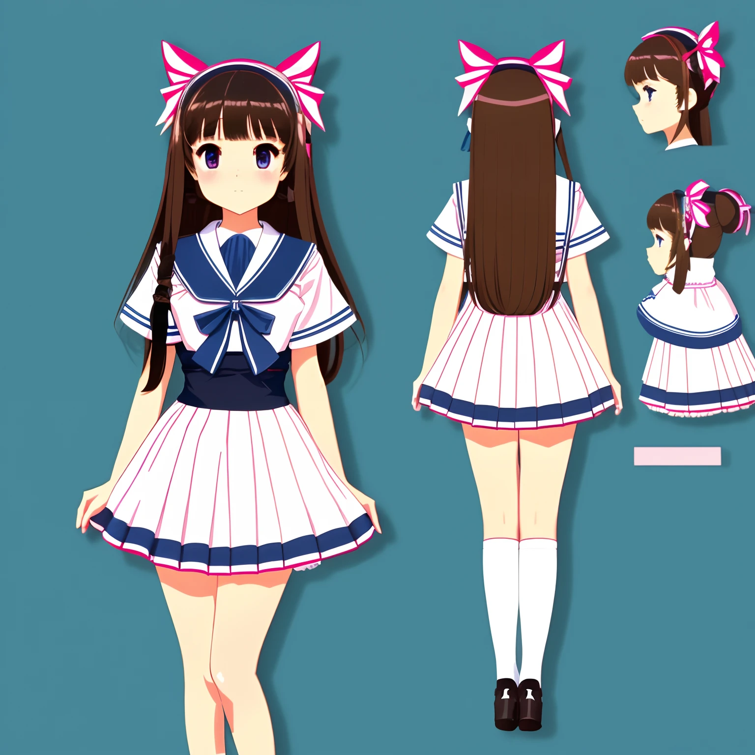 Reference sheet for a cute 15 years old japaneese girl, drawn in anime style, futuristic, Y2K aesthetic, sci-fi, jade green eyes, long brown hair, ribbon headband, small breast, white and blue futuristic sailor lolita dress with puffy sleeves, red ribbon, navy blue pantyhose, school shoes, school bag, school crest, white background, highly detailed, 4K.