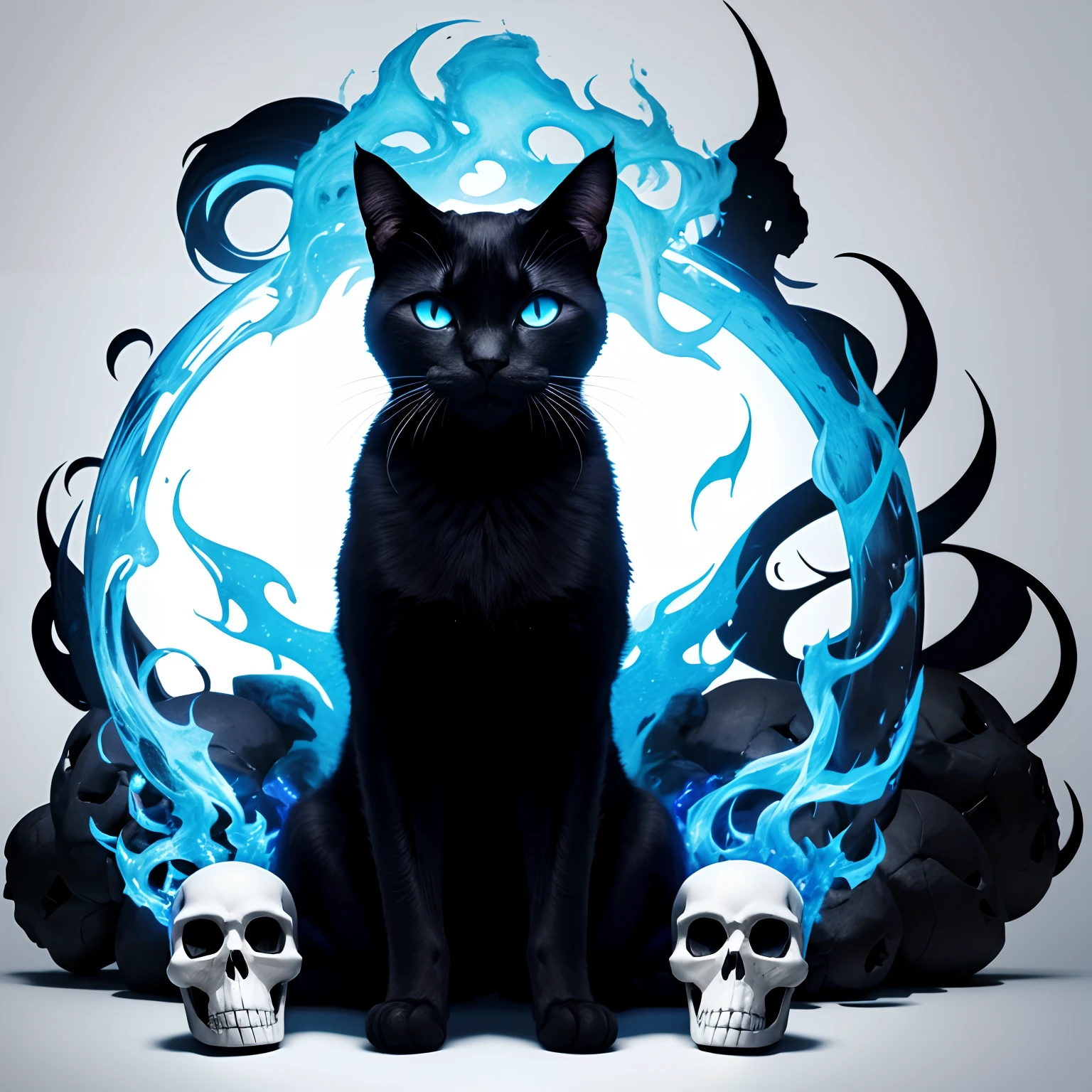 A black cat with tender eyes playing with a skull with blue flames behind him on a white background