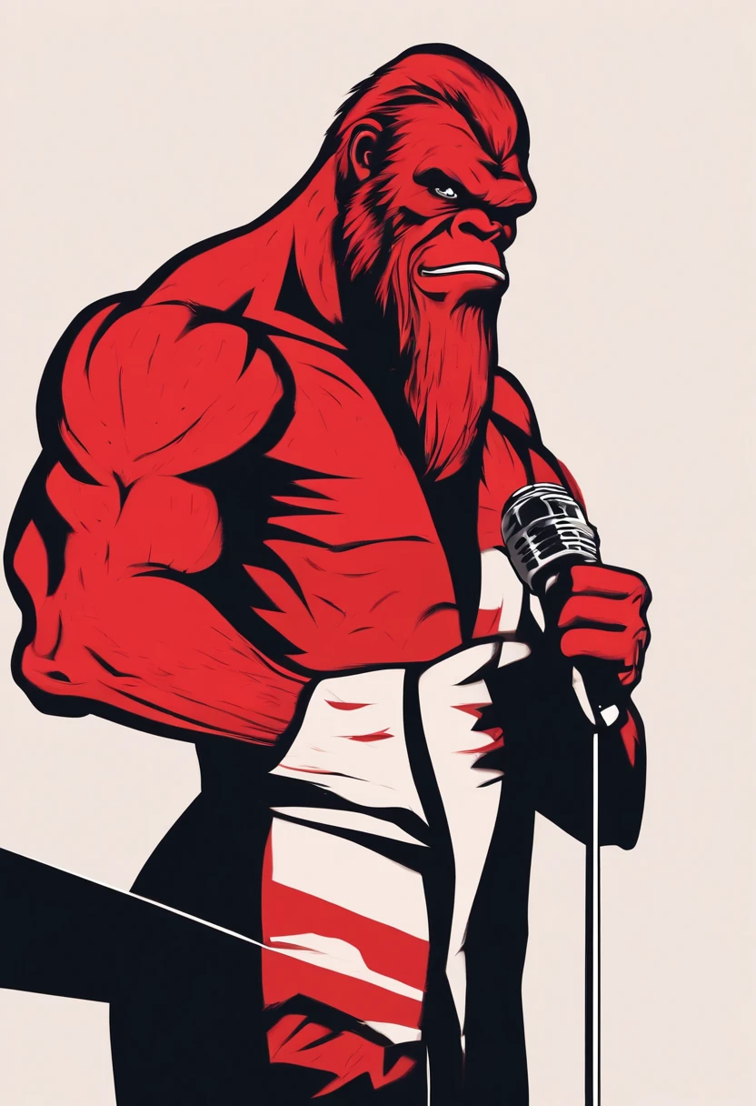 red bigfoot, half body, arms crossed holding a microphone angry