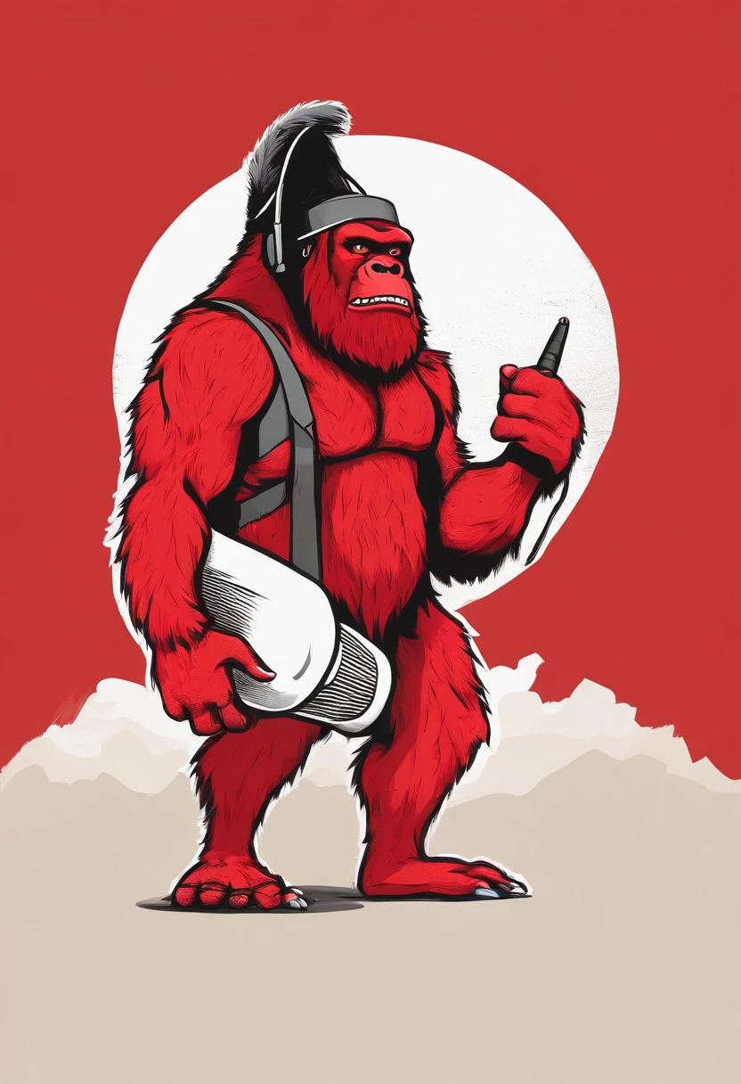 red bigfoot, half body, arms crossed holding a microphone angry