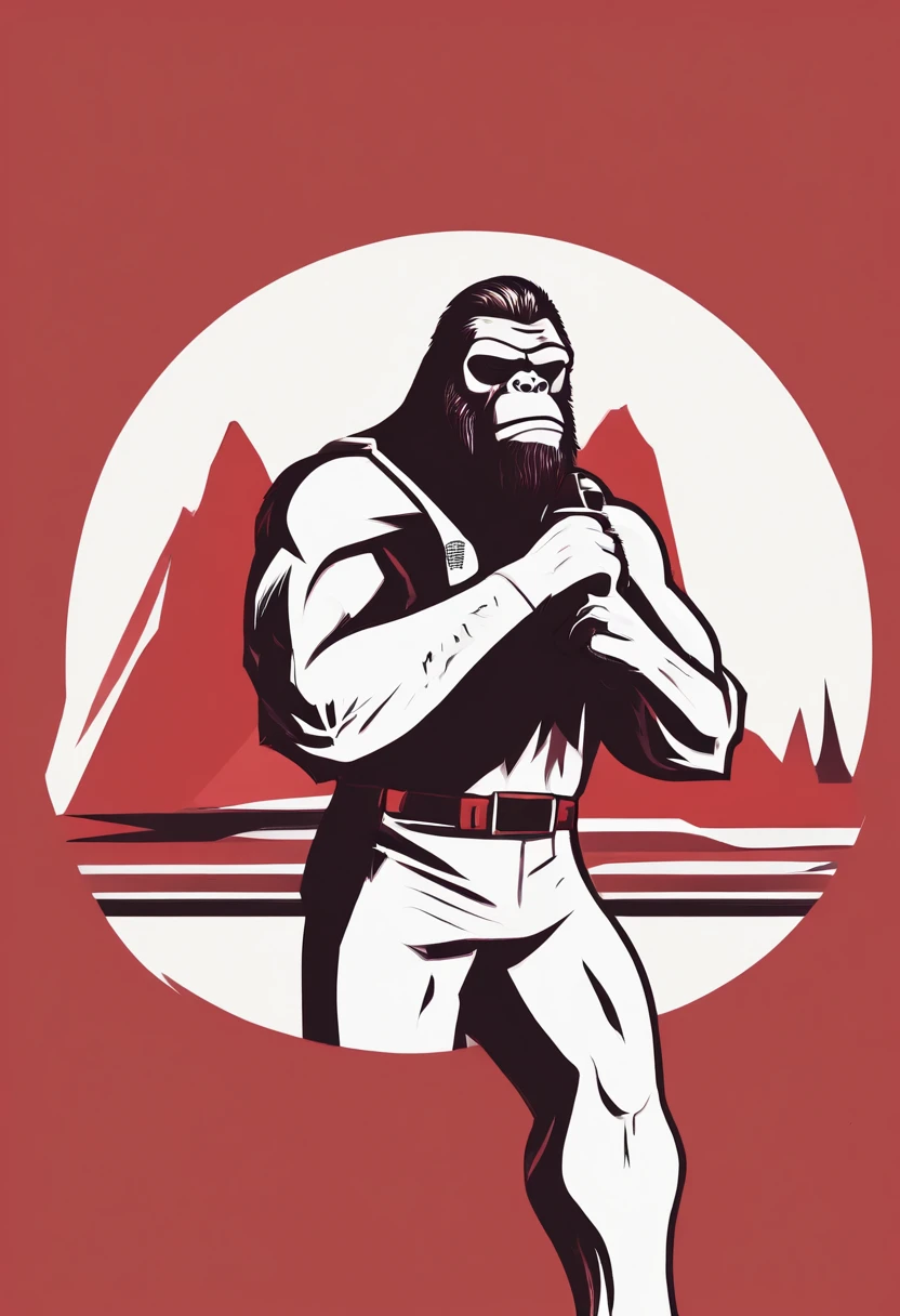 red bigfoot, half body, arms crossed holding a microphone angry