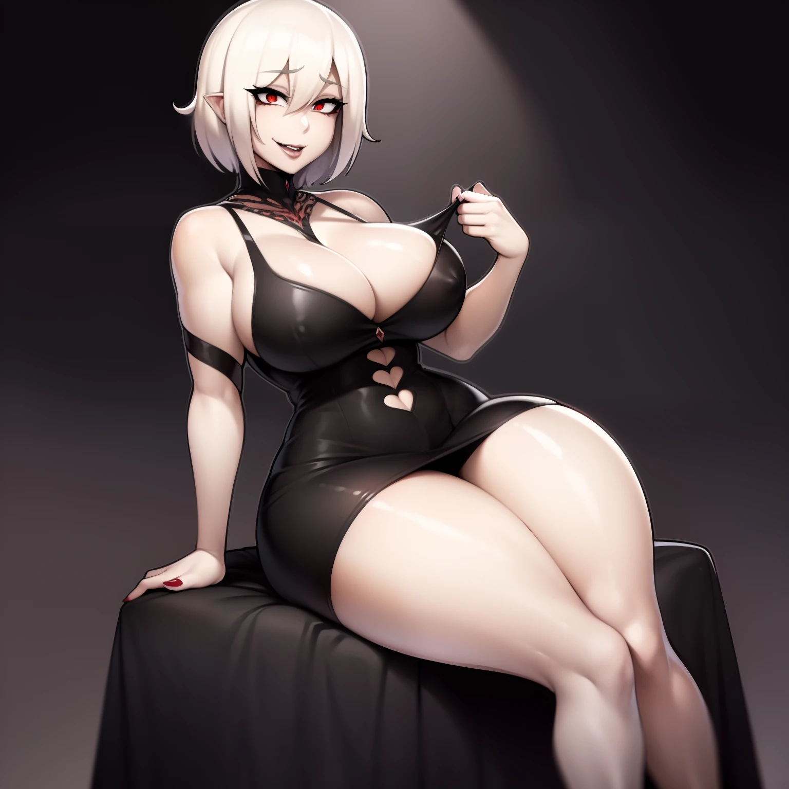 ((Solo)), Vampire girl with short white hair, (red eyes), ((wearing a black dress)), Anime style 4K, large chest, curvy hips, long legs, detailed eyes, ((sitting on a throne)), in a castle