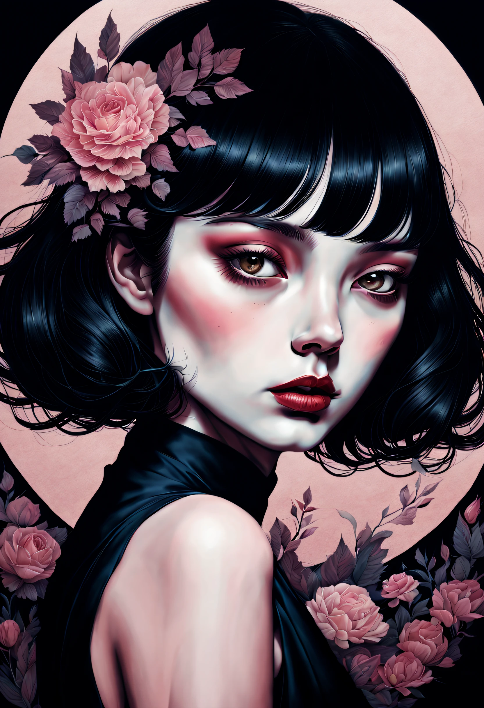 chiaroscuro technique on sensual illustration of an elegant girl, ****, vintage, eerie, matte painting, by Hannah Dale, by Harumi Hironaka, extremely soft colors, vibrant, highly detailed, digital illustrations , high contrast, dramatic, refined, tonal, facial expression