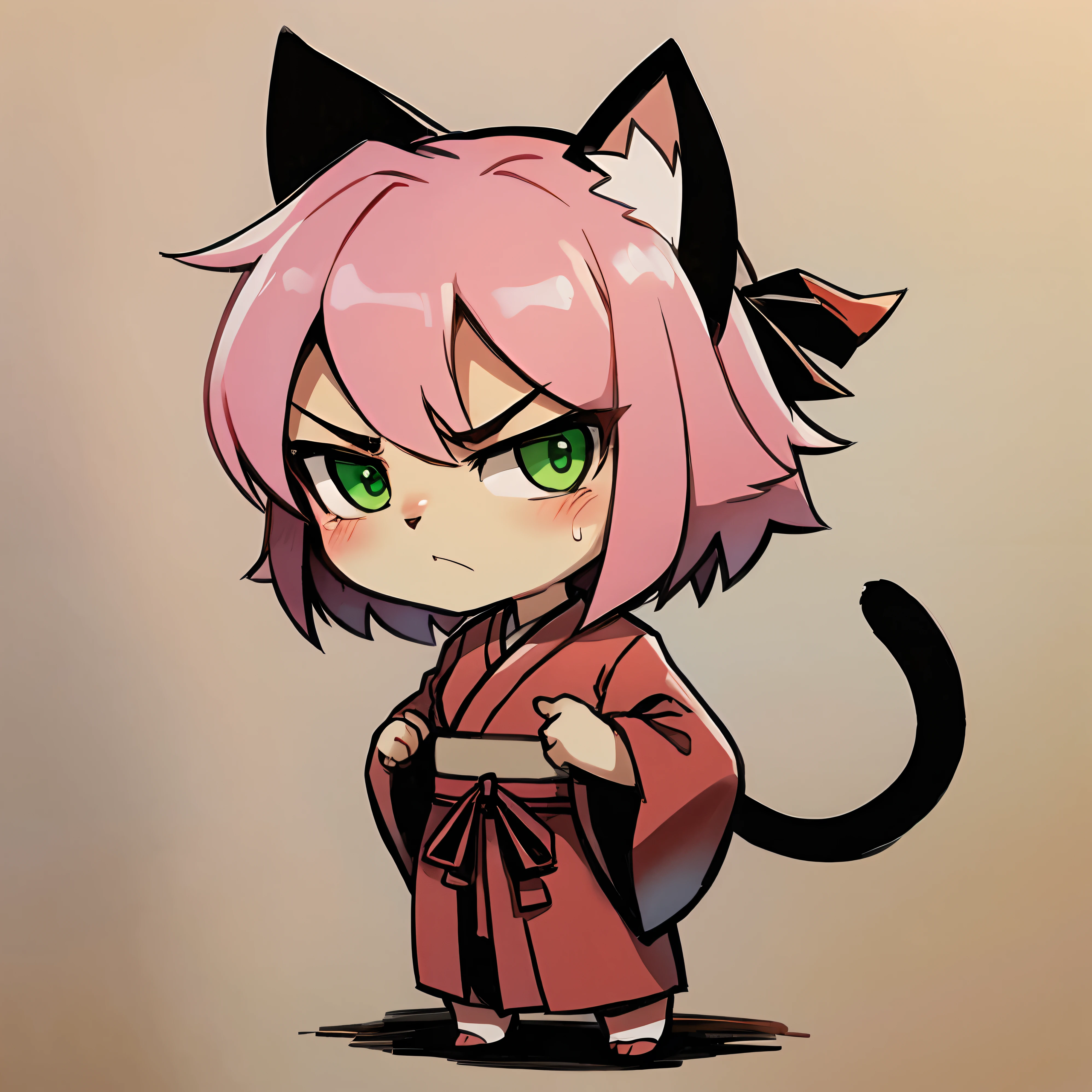 Cat ears, pink hair, short hair, tsundere, green eyes, ribbon in hair, japanese traditional outfit, chibi