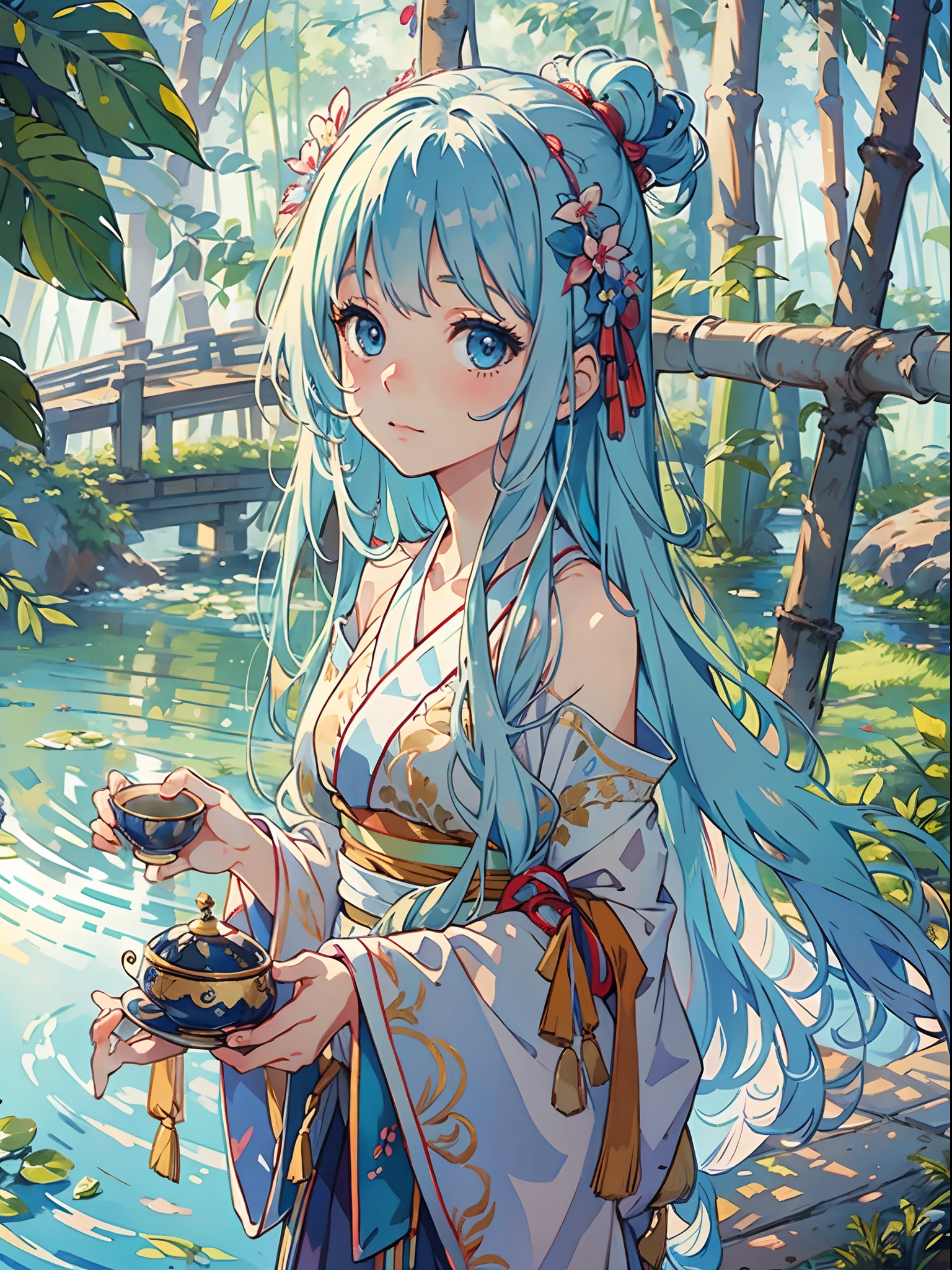 Masterpiece, Best Quality, Official Art, 8k Wallpaper, Very Detailed, Illustration, 1 Girl, Sky Blue Hair, Long Hair, Detailed Eyes, Forrest Gump, Bare Shoulders, Hanfu, Lake, Pure, Soft Smile, bamboo, tea