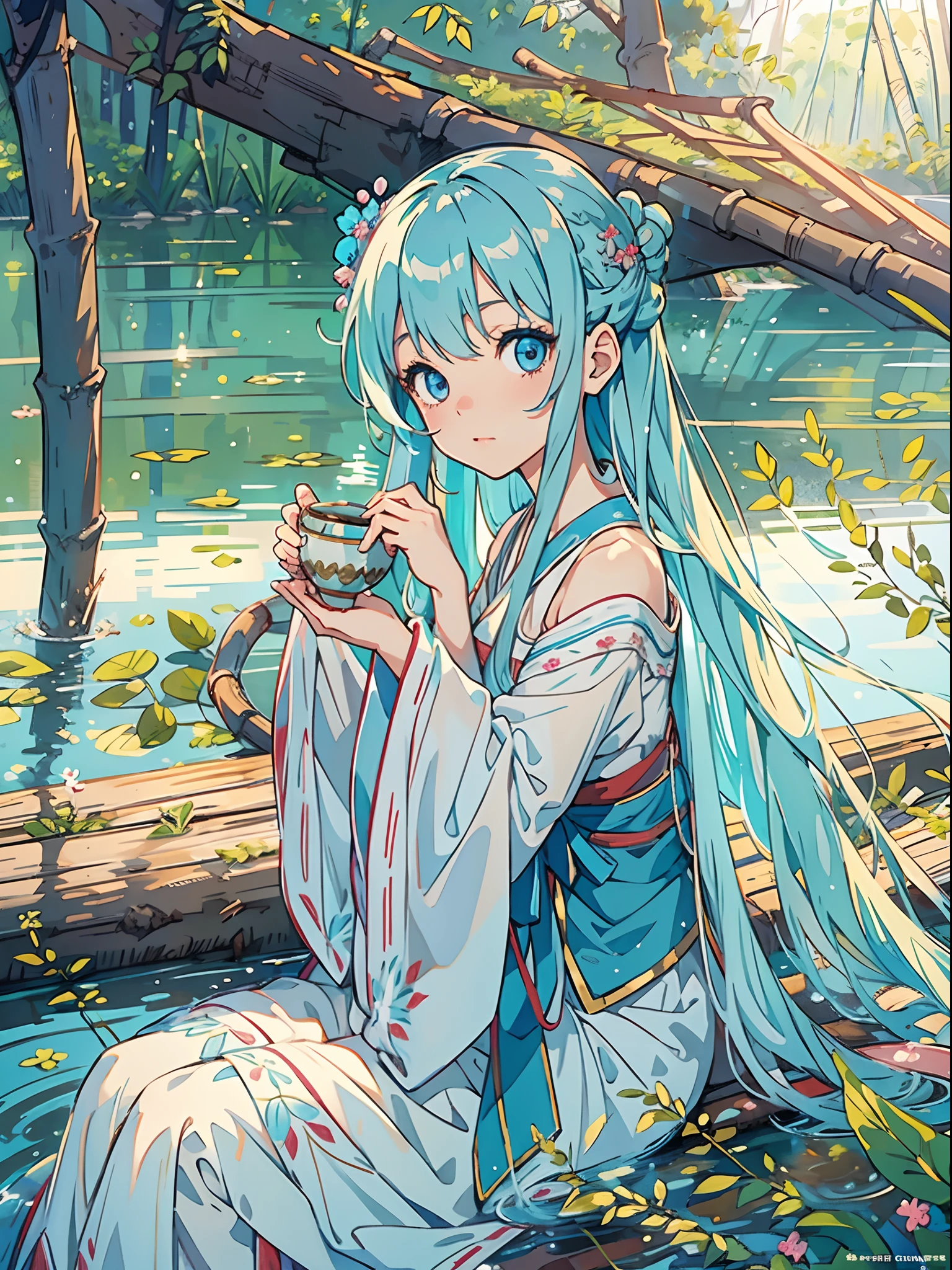 A girl wears a traditional Japanese costume that is blue with sky in it her hair color is light blue one of her left eyes is red and the right is green drinking tea