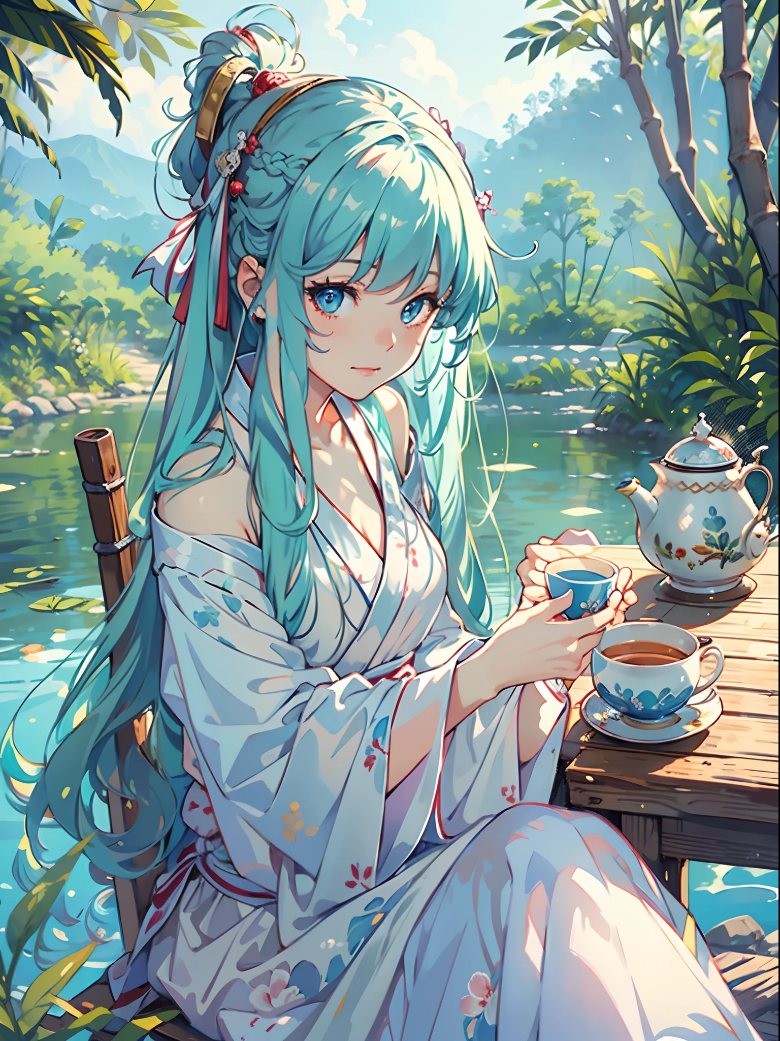 Masterpiece, Best Quality, Official Art, 8k Wallpaper, Very Detailed, Illustration, 1 Girl, Sky Blue Hair, Long Hair, Detailed Eyes, Forrest Gump, Bare Shoulders, Hanfu, Lake, Pure, Soft Smile, bamboo, tea