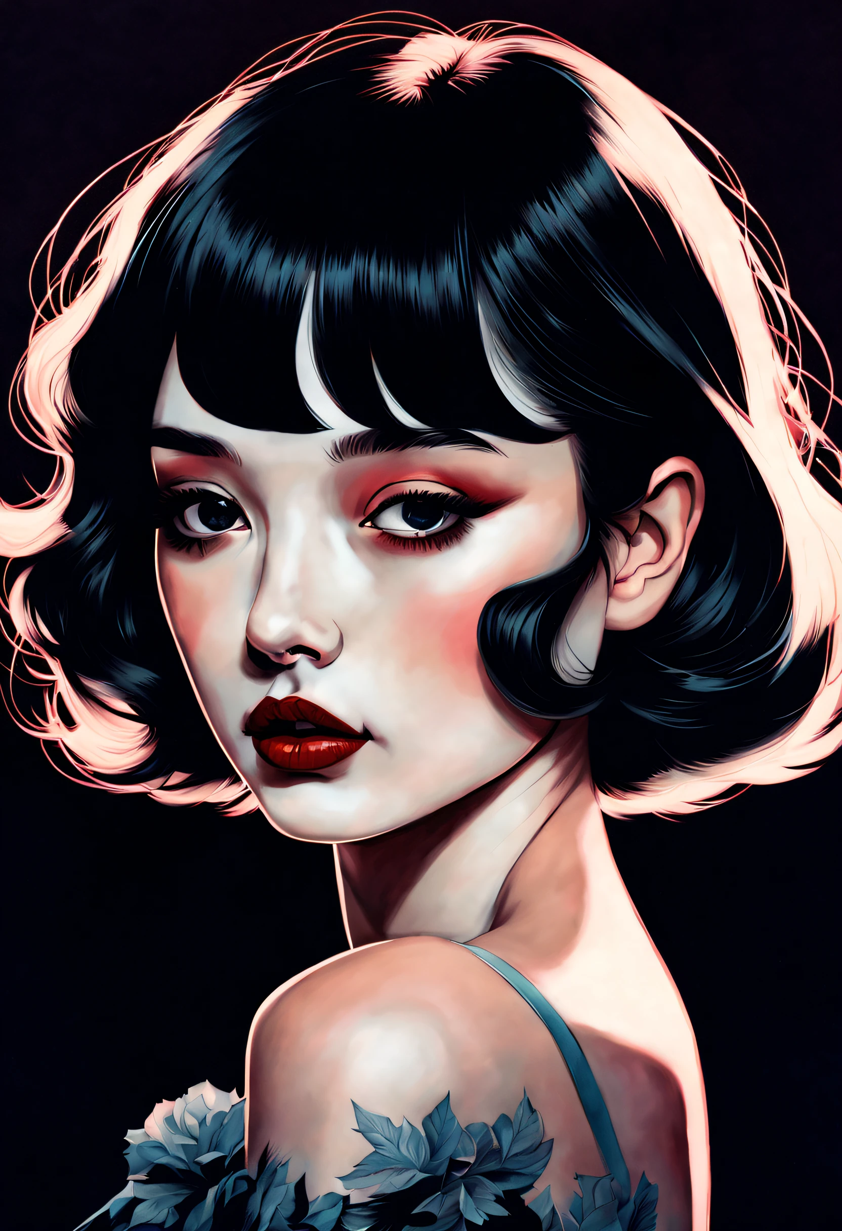 chiaroscuro technique on sensual illustration of an elegant girl, loli, vintage, eerie, matte painting, by Hannah Dale, by Harumi Hironaka, extremely soft colors, vibrant, highly detailed, digital illustrations , high contrast, dramatic, refined, tonal, facial expression