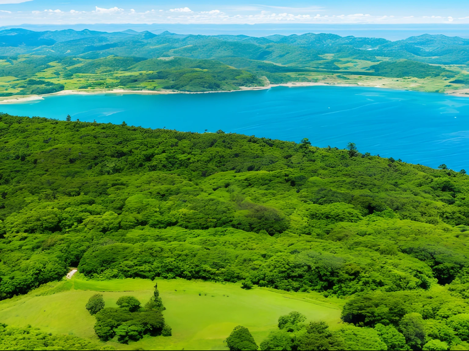 The land covered with greenery in a panoramic landscape seen from the sky　The horizon of the sea in the distance beyond the forest　Beautiful sky with sparkling sunny sky blue