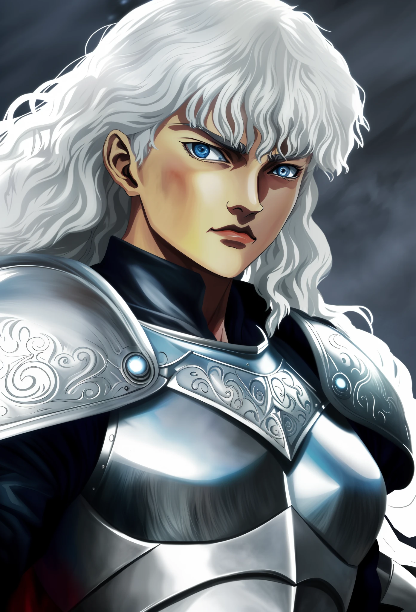 There's a woman in silver armor with blue eyes, Griffith, Berserk, Griffith, de Furioso, Estilo de arte Berserk, Furioso, Estilo Berserk, Furious manga, fan art, sangue de Furioso, Iconic character of high detail, Retrato de Guts de Berserk, arte detalhada do personagem de anime, arte de anime digital detalhada, Godrays pintura digital