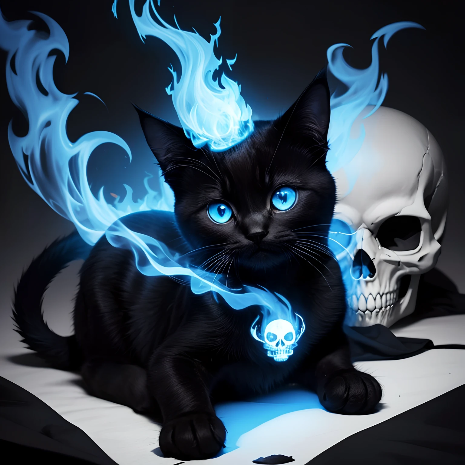 A black kitten with tender eyes playing with a skull with blue flames behind him on a white background