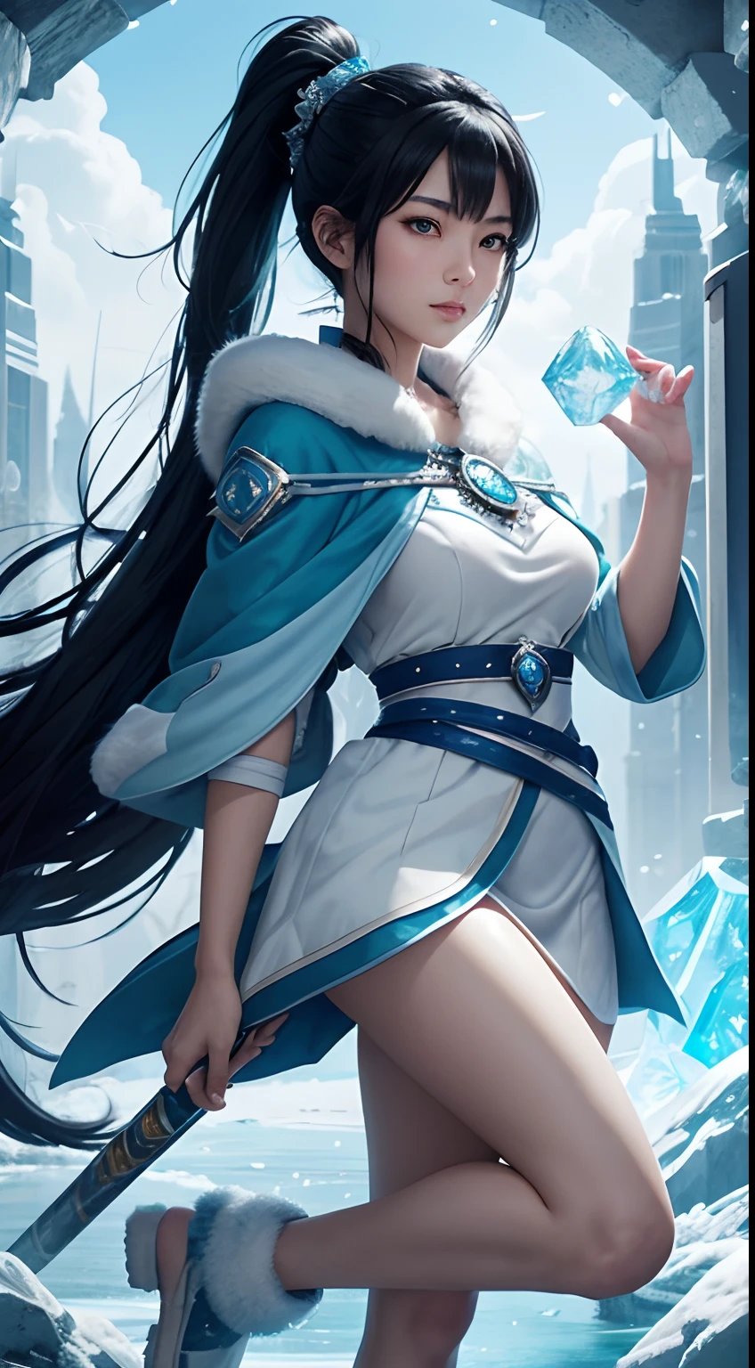 Nadia, tall Asian girl with black hair ponytail, ice blue eyes, and a blue magical girl outfit, tall, athletic, strong, fit, , ice!! full body, appears as the frost goddess, ice goddess, nico robin, cool ice goddess, she has ice powers, black - haired mage, ahri, her hair is icy, style artgerm, full body portrait of a short!, the goddess of frost, jotnar girl, frost giant girl, superpowered girl, ice elemental, martial artist, Chicago street-(1girl:1.3),solo,__body-parts__,, official art, unity 8k wallpaper, ultra detailed, beautiful and aesthetic, beautiful, masterpiece, best quality,Fantastical Atmosphere, Calming Palette, Tranquil Mood, Soft Shading,, Miko priestess, charm spell, talisman familiar, shrine maiden duties,