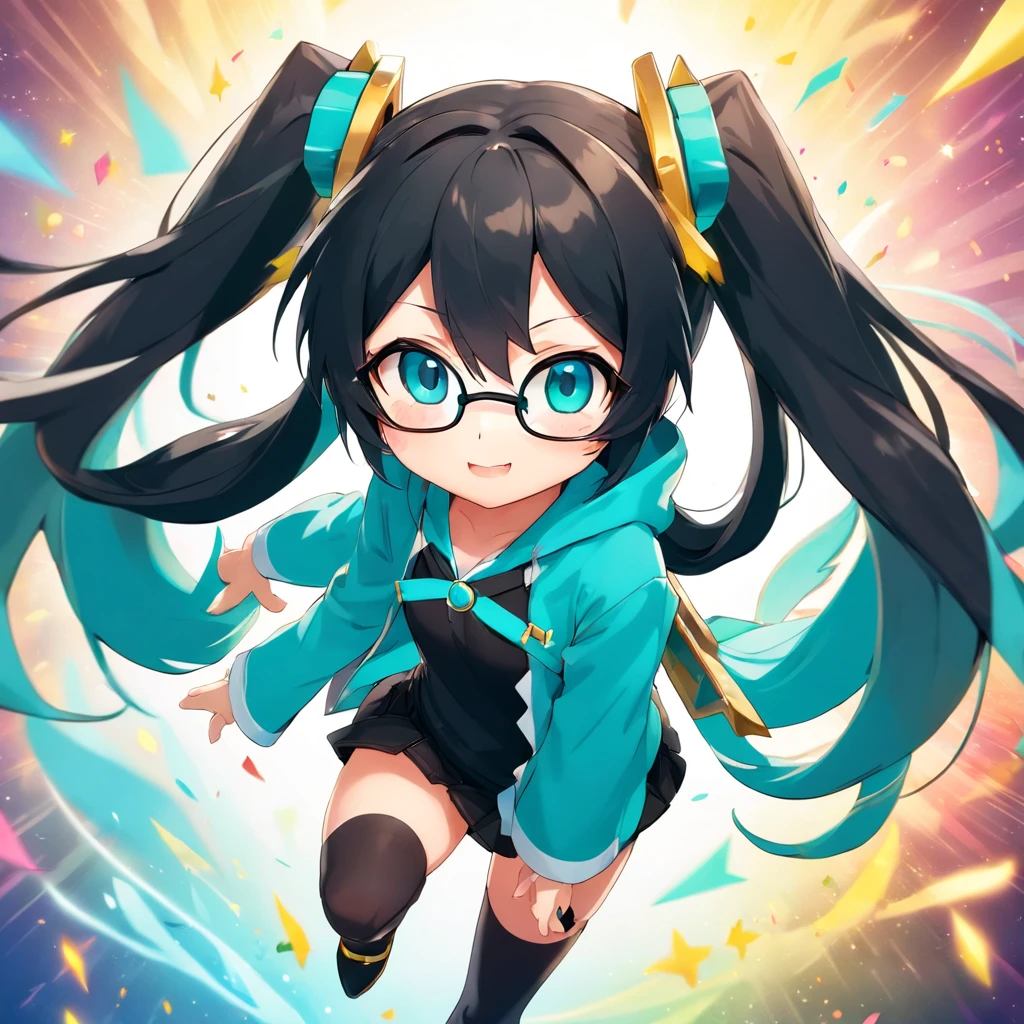 cores claras, Chibi, anime girl, , (((black hair))), hood, looking at viewer,, Round Eyewear, face, (((hatsune miku))), loose hair, ((straight hair))