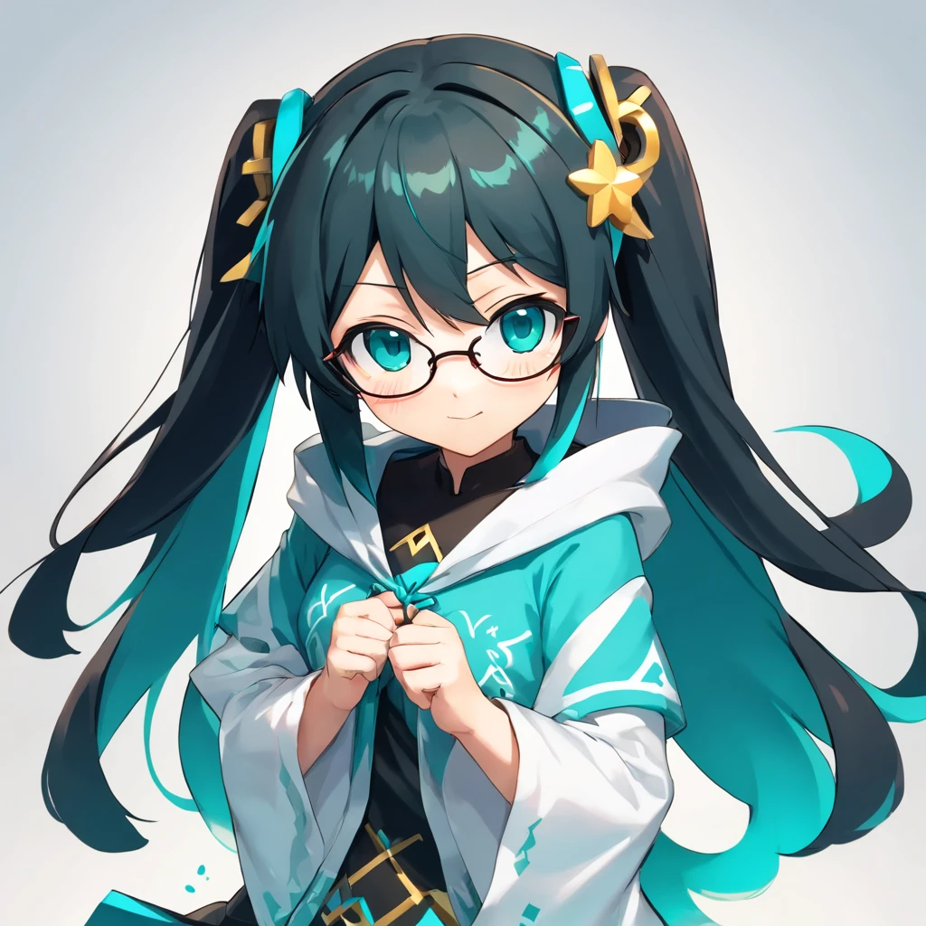 cores claras, Chibi, anime girl, Loli, (((black hair))), hood, looking at viewer,, Round Eyewear, face, (((hatsune miku))), loose hair, ((straight hair))