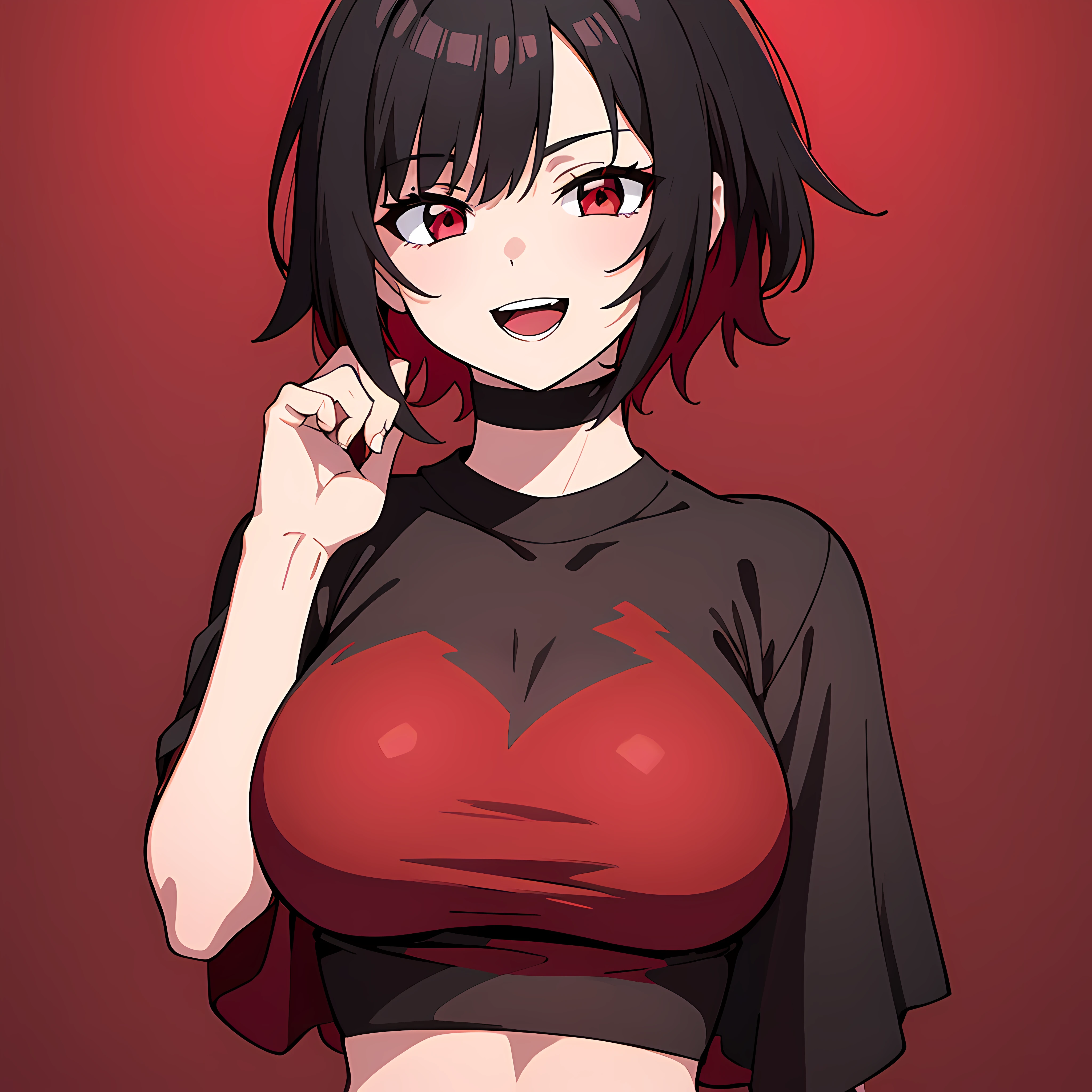 1 girl,upper body,black hair,stand,straight-on,red and blackeyes,masterpiece, best quality, very aesthetic, absurdres,shirt,Pasties