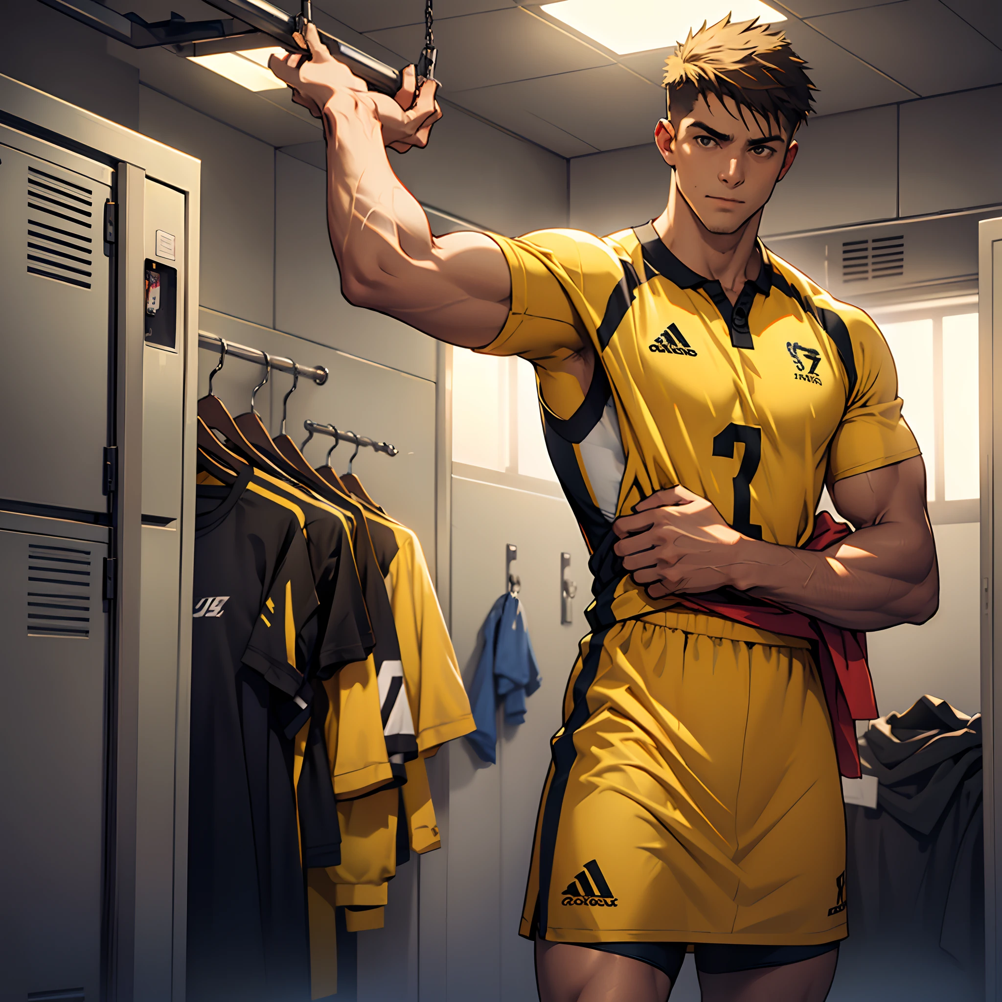 a half naked man dress in locker room, carrying a yellow jersey in his arms, cinematic lighting, volumetric lighting,