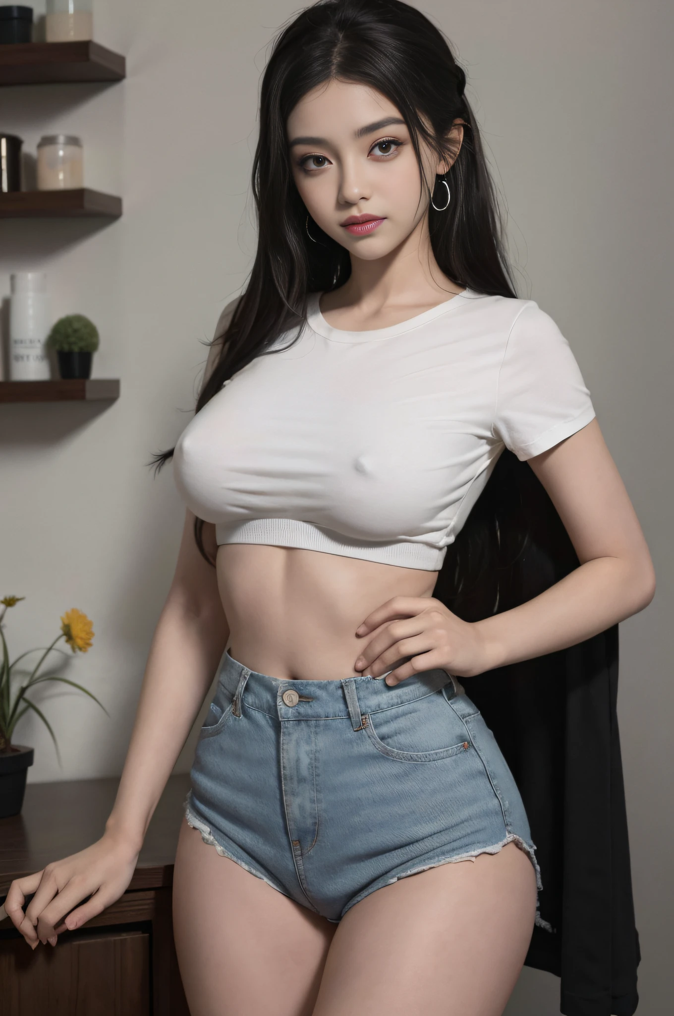 vestida con camiseta negra,una falda,Clase escolar,en el salon de una casa,Postura de empuje del pecho,Breast display posture,Fotos RAW 8K,A high resolution,Cool Korean at 21,pechos redondos muy grandes,hermosos ojos en detalle,long eyeslashes,Beautiful double eyelid,sombras de ojos,delineador de ojos,Ojos cortados,forma de ojo alargada,Ojos Sanpaku,sonrisa malvada,evil expression, hermosas piernas ,hermosos muslos ,por el ancho,hair tied behind the head,Con ojos grises(cabello negro ondulado), de pie ,escote , gran escote ,