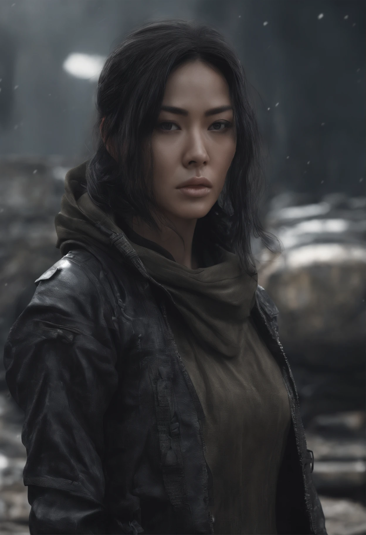 woman beauty, asian mature art,,unreal engine render, photoreistism, 4k, highly detailed, realistic face, cryengine, deviantart, octane render, hyperrealism, cinematic, background black, Rembrandt style,oil painting, darkness light