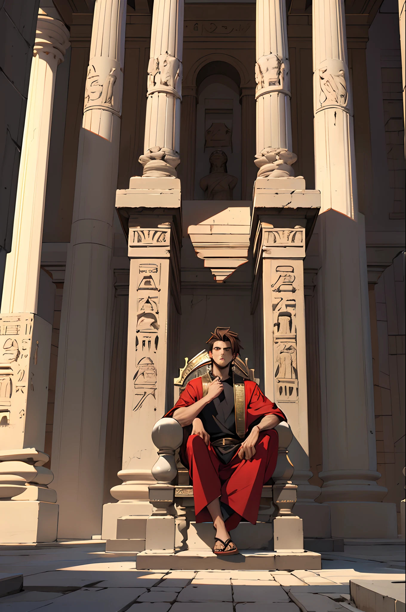 16 style animated guy, Brown Hair Course, Red eyes sitting on a throne in an Egyptian temple in a dominant position