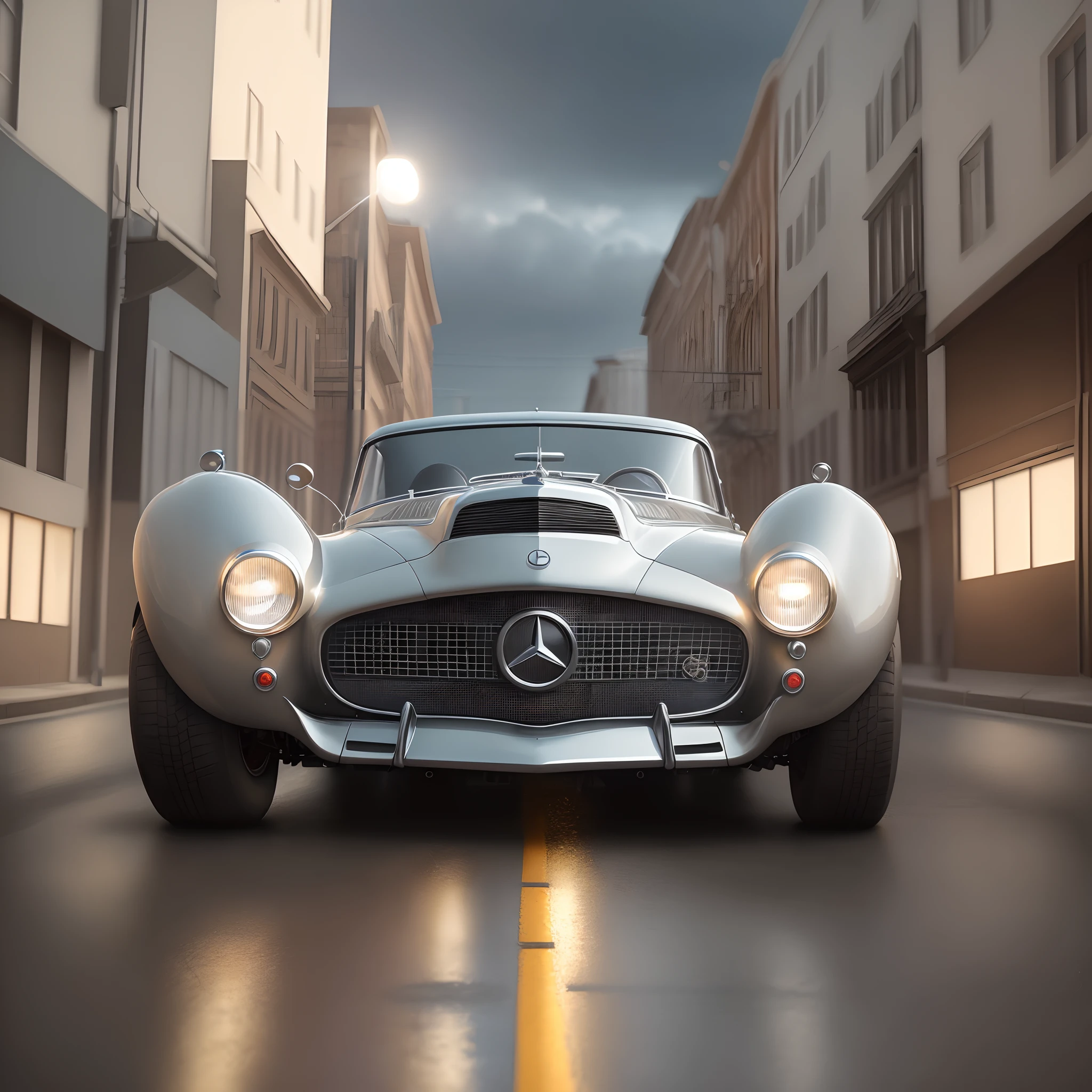 Renderizado 3D profesional) de (realista:1.3) cinematic framing,Genera una imagen del Mercedes-Benz T80, A record-breaking car from the 1930s. The T80 features a futuristic aerodynamic design, con una forma alargada y afilada similar a un misil. Its bodywork is painted in an elegant silver color.creates a visual representation of the T80 that is as realistic and accurate as possible, capturing its innovative design and high-speed character parked on a wet street in the rain, Super Dynamic Lighting, sombras pesadas, reflection of light,( Vibrante, realistic photograph, dramatic, Dark Sharpness, 8k) (intrincado:1.4), decadente, (Altamente detallado:1.4), Pintura digital, Renderizado 3D realista de Forza, Concepto-Arte, liso, foco nítido, (80's Photography)