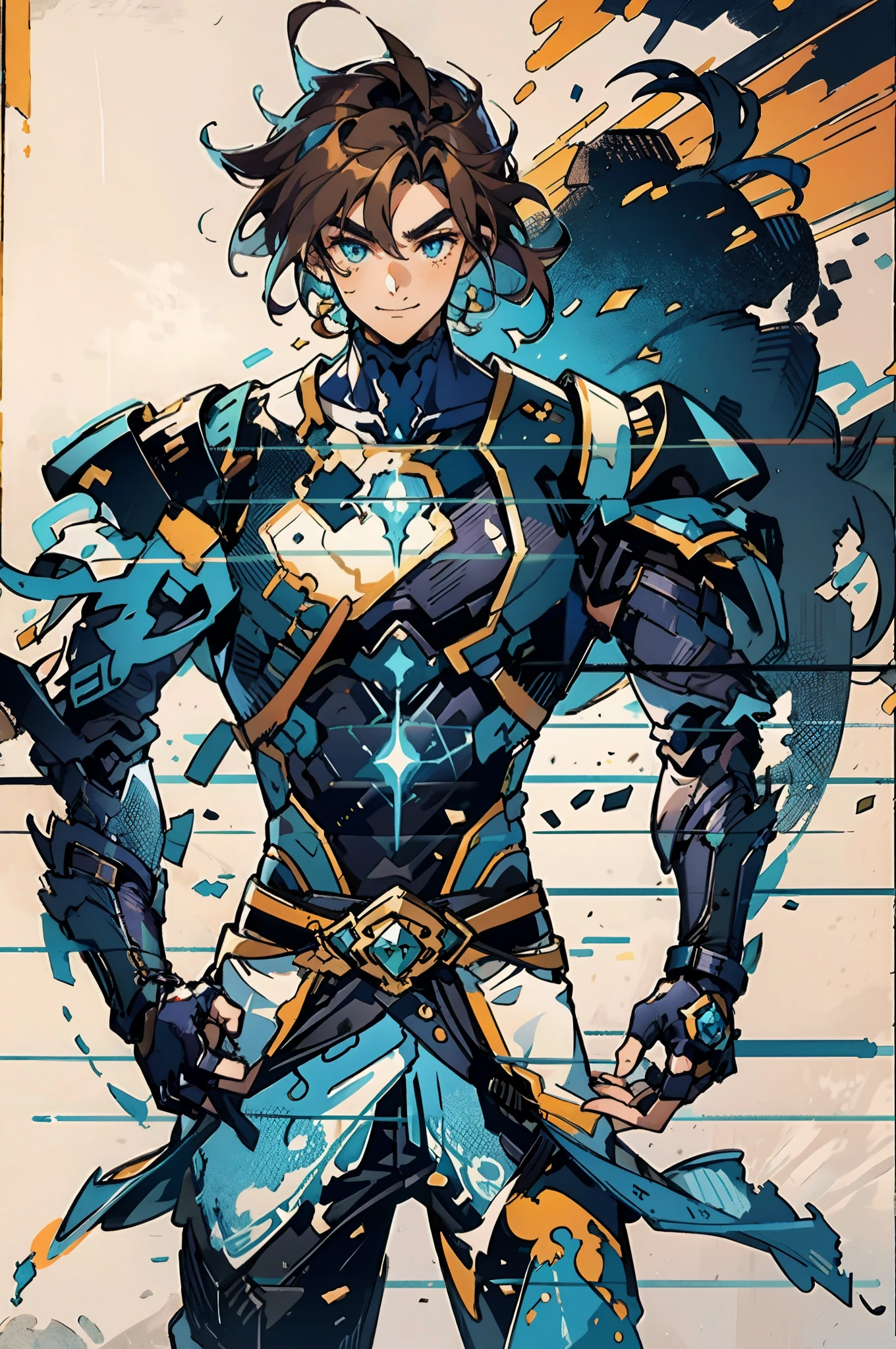 A young man with short orange-brown hair, a wild hairstyle, knife-like thick eyebrows, bright and spirited big eyes, a fearless expression, a smile at the corner of his mouth, he wears a bizarre fantasy surreal-style chest armor with scales textures, wearing a dark bodysuit underneath, fingerless gloves, a beautifully fur belt around his waist, matching coarse cloth trousers, undaunted and wild posture, the background depicts a torn sky and earth, this character embodies a finely crafted fantasy surreal-style in anime style, characterized by an exquisite and mature manga illustration art style, high definition, best quality, highres, ultra-detailed, ultra-fine painting, extremely delicate, professional, anatomically correct, symmetrical face, extremely detailed eyes and face, high quality eyes, creativity, RAW photo, UHD, 8k, Natural light, cinematic lighting, masterpiece-anatomy-perfect, masterpiece:1.5