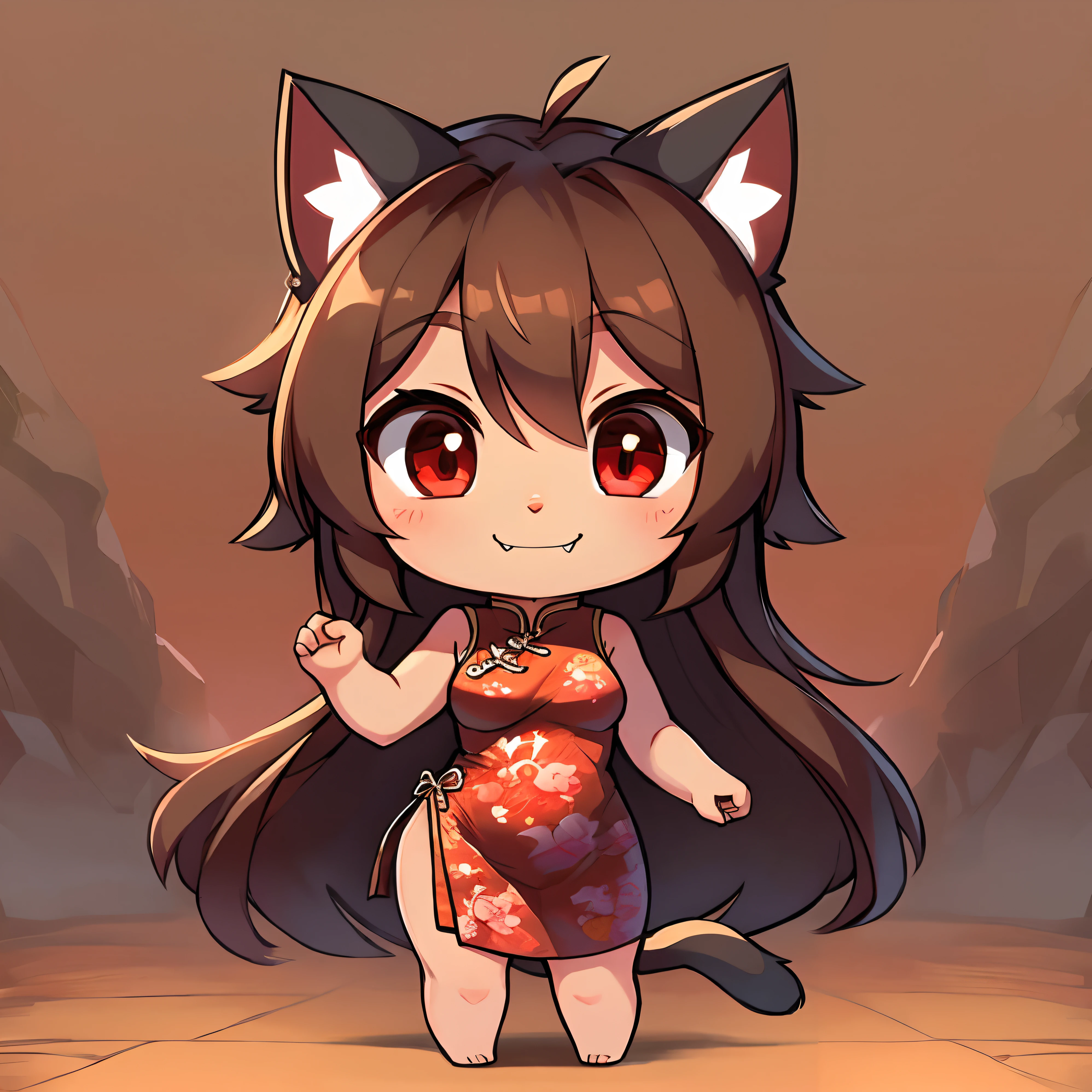 Cat ears, long hair, brown hair, cute ribbon ornament in hair, cute, smile, fang, chibi, red eyes, chinese dress, human nose, full body