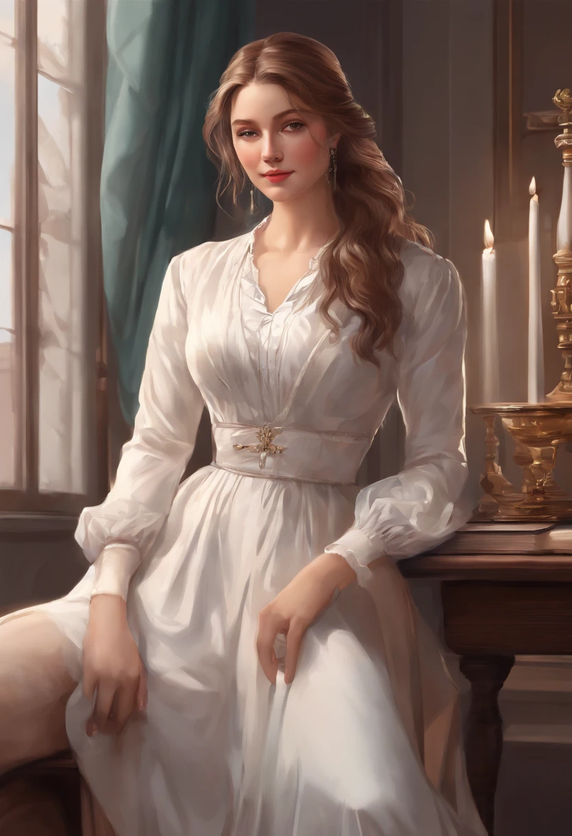 Florence Nightingale, (ballet clothes), sitting in a chair, smiling at the camera, white formal shirt, loose collar buttons, nipple bumps, long loose hair, (delicate illustrations: 1.4), (Renaissance art: 1.4), (ultra high resolution: 1.2), (photorealism: 1.4), (8K, RAW photos: 1.2), (soft focus: 1.4), ( 18 years old: 1.3), (Sharp Focus: 1.4), beautiful face with attention to detail, pure rose face_V1