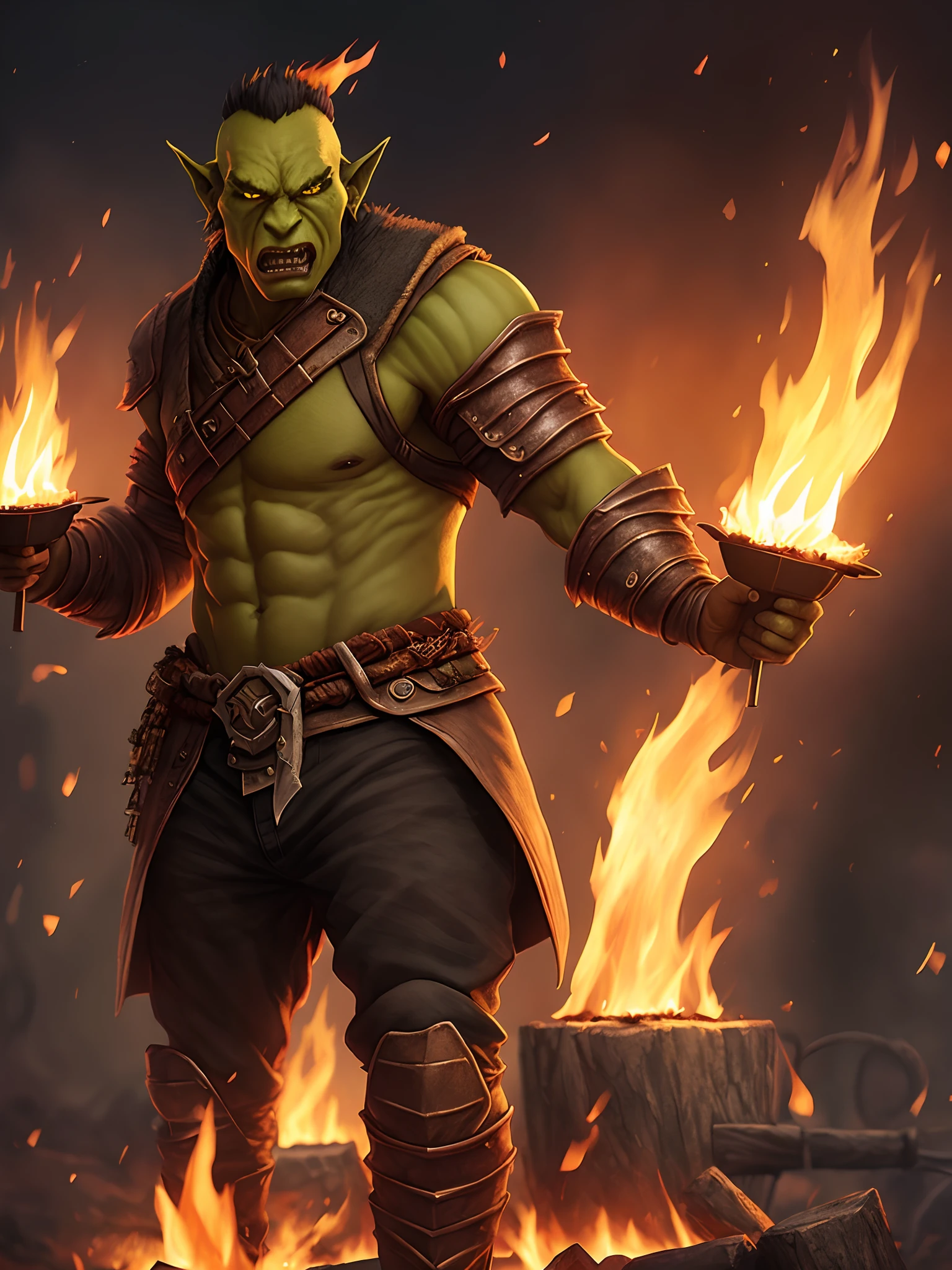 arafed image of a man with a fire and flames around him, concept art by Ryan Barger, Artstation contest winner, fantasy art, orc themed, trending on artstation:3, orc, trending on artstation hd, orc warrior, amazing 8k character concept art, an orc, as trending on artstation, trending in artstation, trending artstation