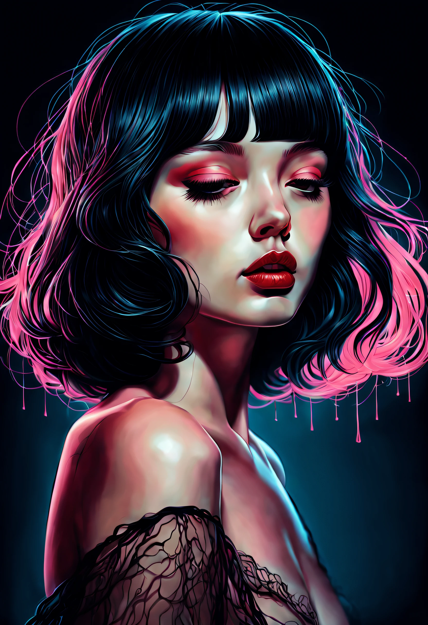 chiaroscuro technique on sensual illustration of an elegant girl, **** wet hair, vintage, eerie, matte painting, by Hannah Dale, by Harumi Hironaka, extremely soft colors, vibrant, highly detailed, digital illustrations , high contrast, dramatic, refined, tonal, facial expression