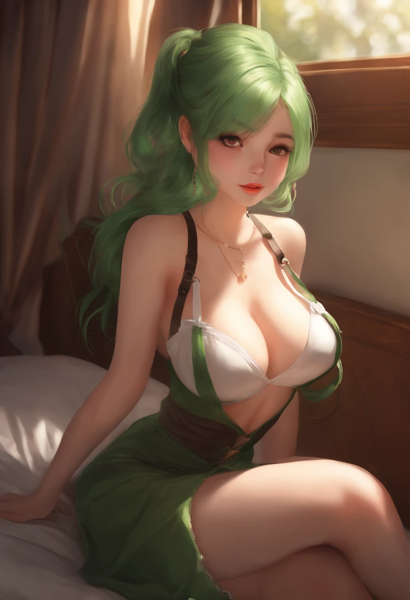 Woman, One, Full body, 18 Years old, Horny face, White, Fit, Dynamic angle, Crawl, Corset, Apron, Bra, Mini skirt, Stockings, Suspenders, Unbuttoned clothes, Green hair, Pigtails, Oiled skin, Rounded breasts, Bed, Warm light, Realism