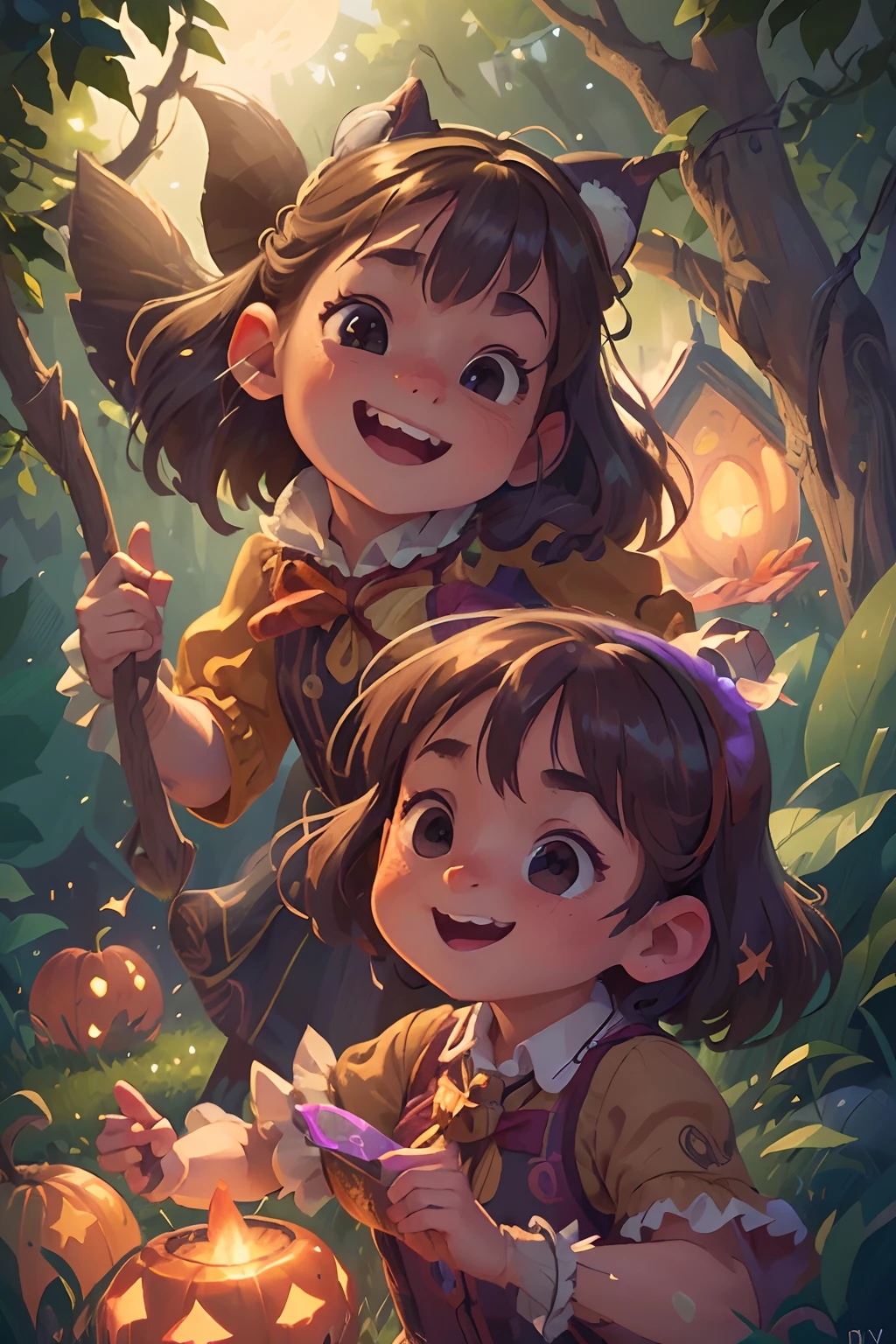 (best quality,4k,8k,highres,masterpiece:1.2), ultra-detailed, (realistic,photorealistic,photo-realistic:1.37), HDR, colorful lighting, young cute witches, young cute wizards, Halloween night, magical atmosphere, enchanting costumes, twinkling stars, moonlit sky, swirling spells, broomsticks, cauldrons, playful laughter, mischievous grins, whimsical dances, hypnotizing movements, energetic music, mystical glow, whimsical decorations, bewitching moonlight, swirling leaves, glowing pumpkins, vibrant colors, spellbinding rhythm